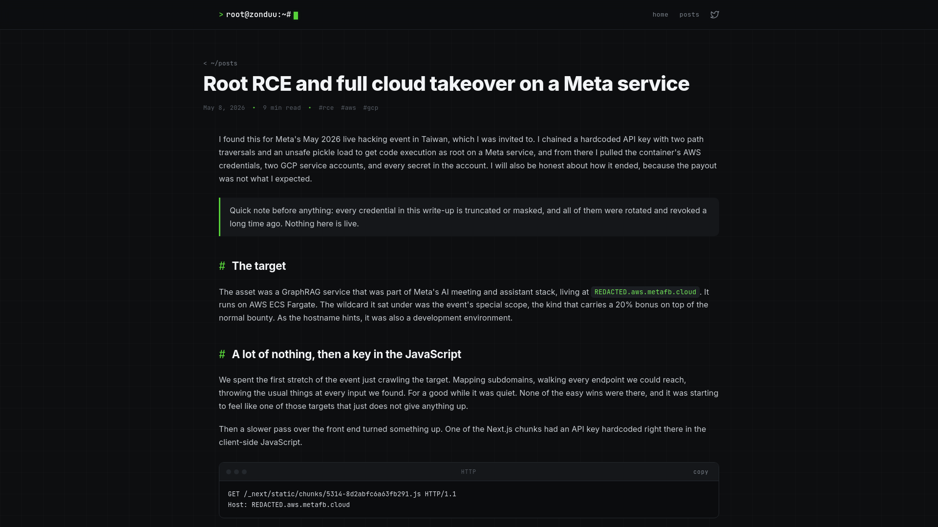 Root RCE and full cloud takeover on a Meta service · zonduu
