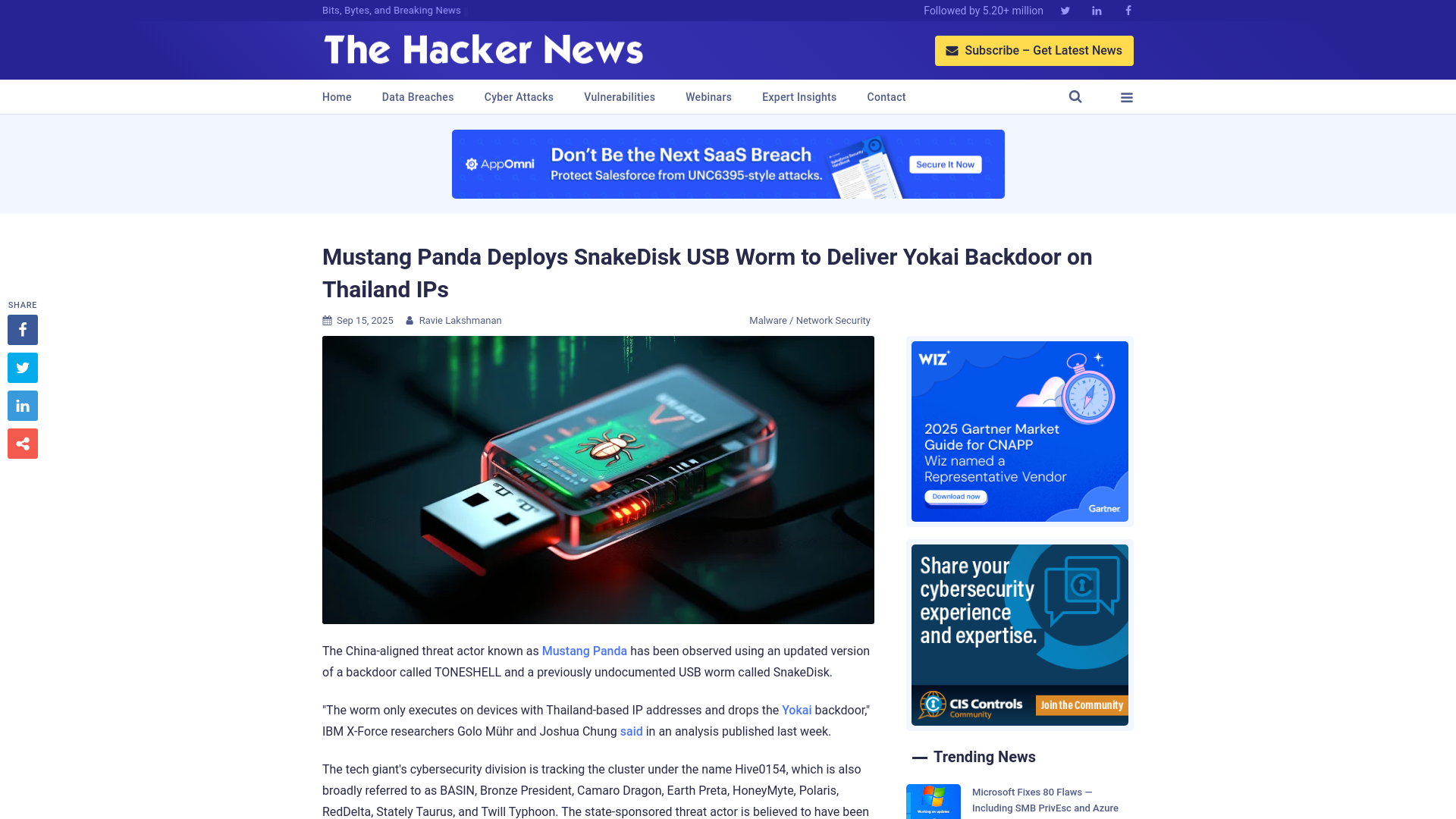 Mustang Panda Deploys SnakeDisk USB Worm to Deliver Yokai Backdoor on Thailand IPs