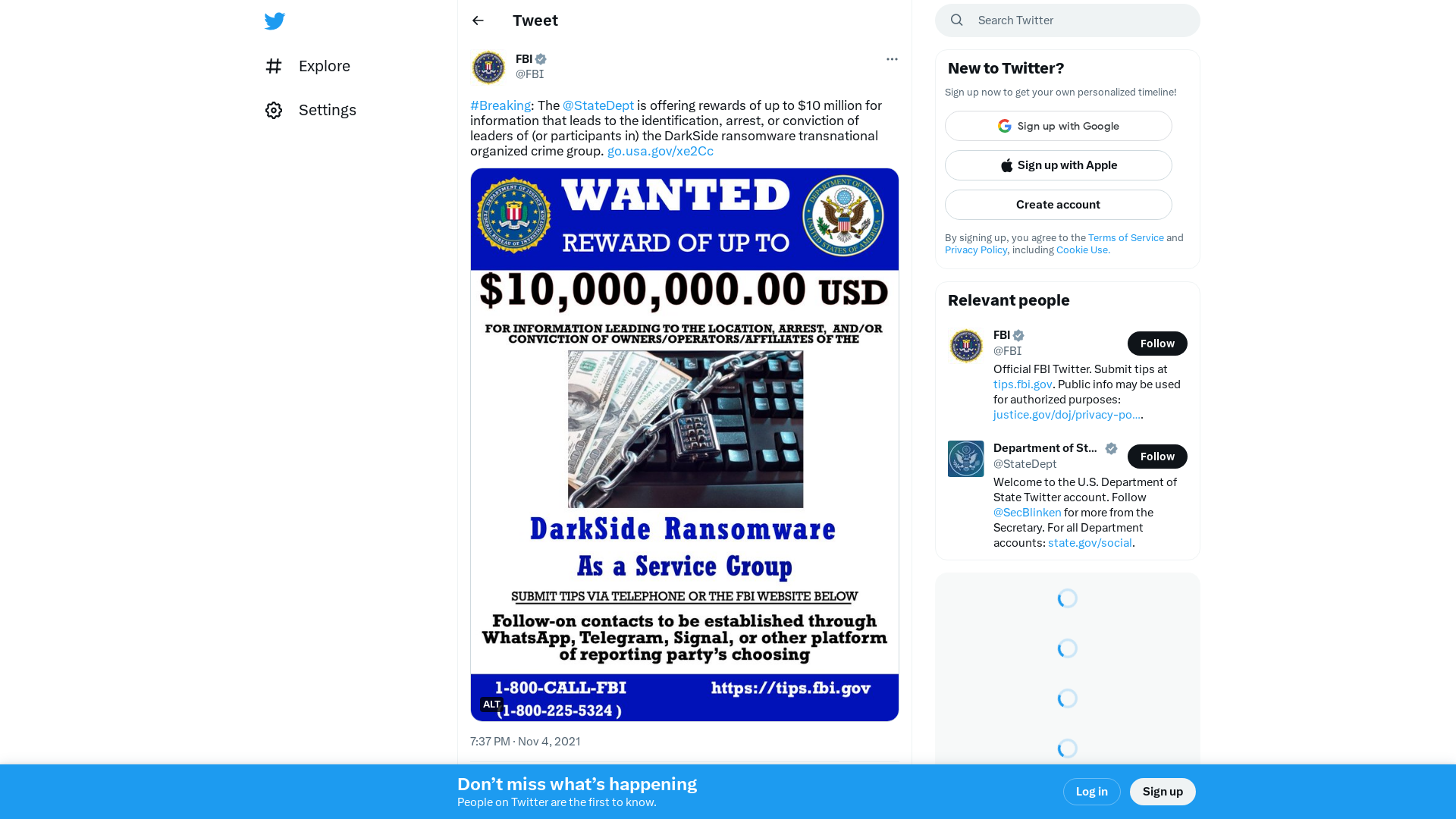 FBI on Twitter: "#Breaking: The @StateDept is offering rewards of up to $10 million for information that leads to the identification, arrest, or conviction of leaders of (or participants in) the DarkSide ransomware transnational organized crime group. https://t.co/6WrtKHb8vS https://t.co/jr6qIeDLL7" / Twitter