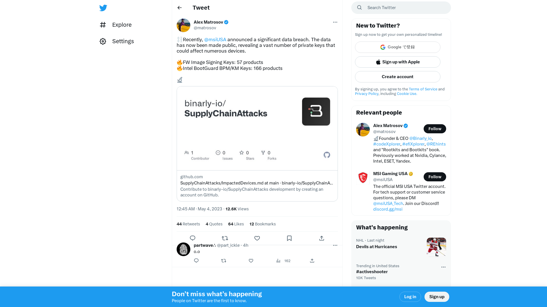 Alex Matrosov on Twitter: "⛓️Recently, @msiUSA announced a significant data breach. The data has now been made public, revealing a vast number of private keys that could affect numerous devices. 🔥FW Image Signing Keys: 57 products 🔥Intel BootGuard BPM/KM Keys: 166 products 🔬https://t.co/uwqWIU9xhR" / Twitter