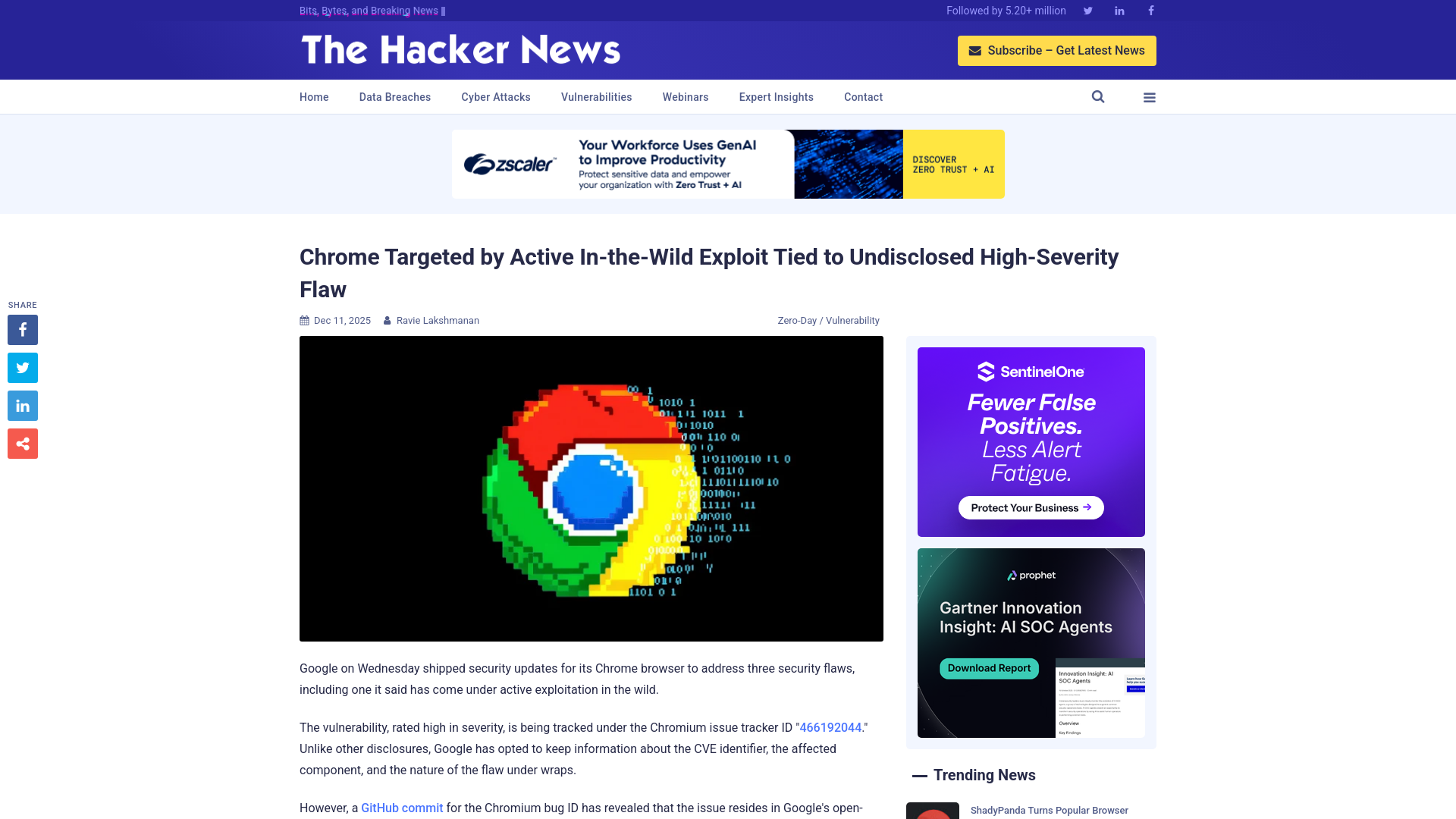 Chrome Targeted by Active In-the-Wild Exploit Tied to Undisclosed High-Severity Flaw