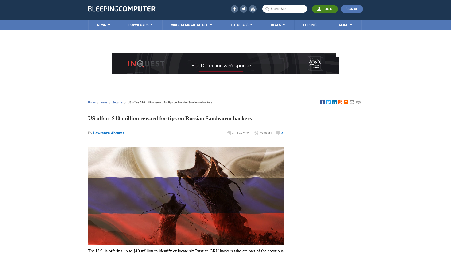 US offers $10 million reward for tips on Russian Sandworm hackers