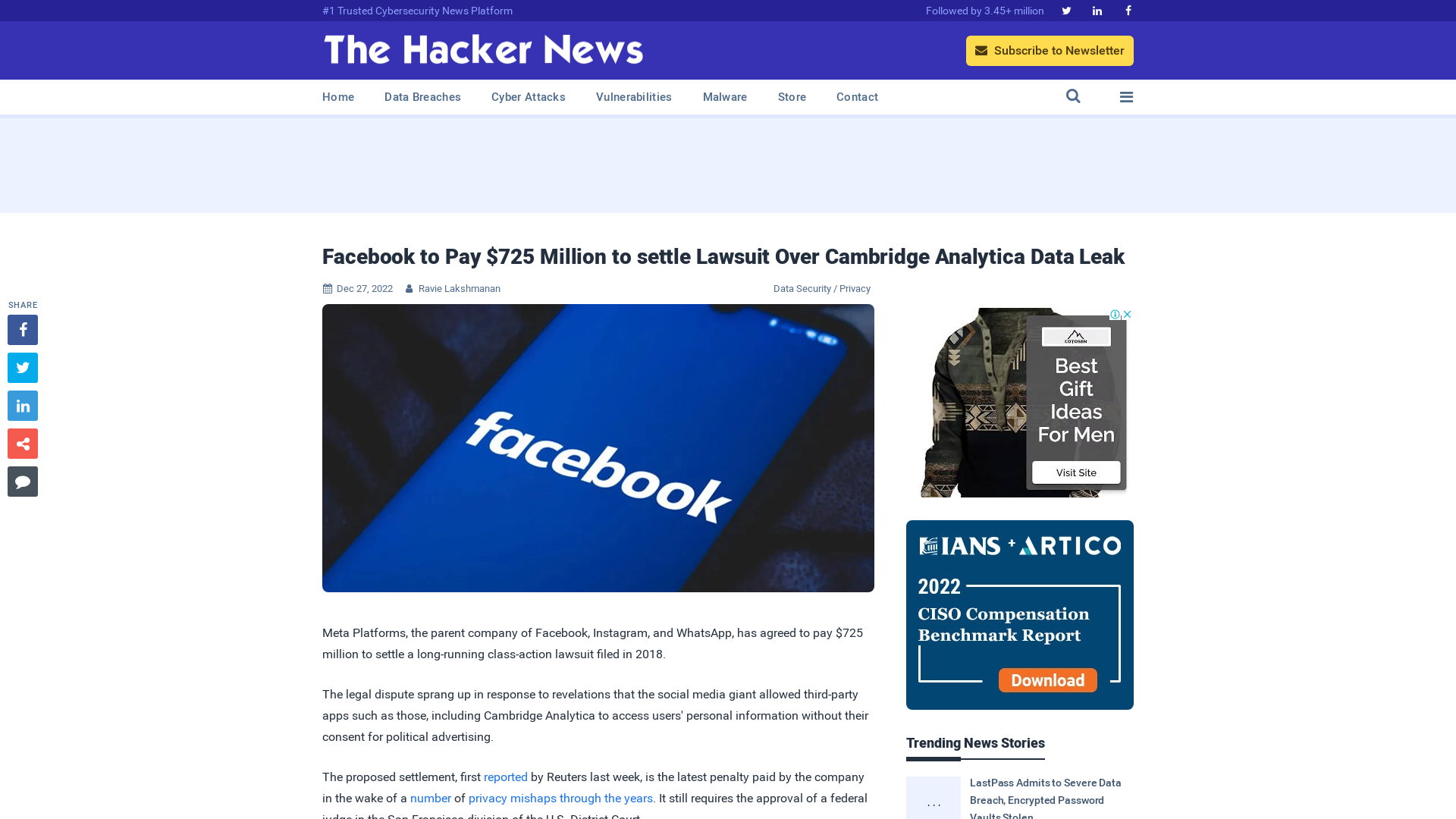 Facebook to Pay $725 Million to settle Lawsuit Over Cambridge Analytica Data Leak