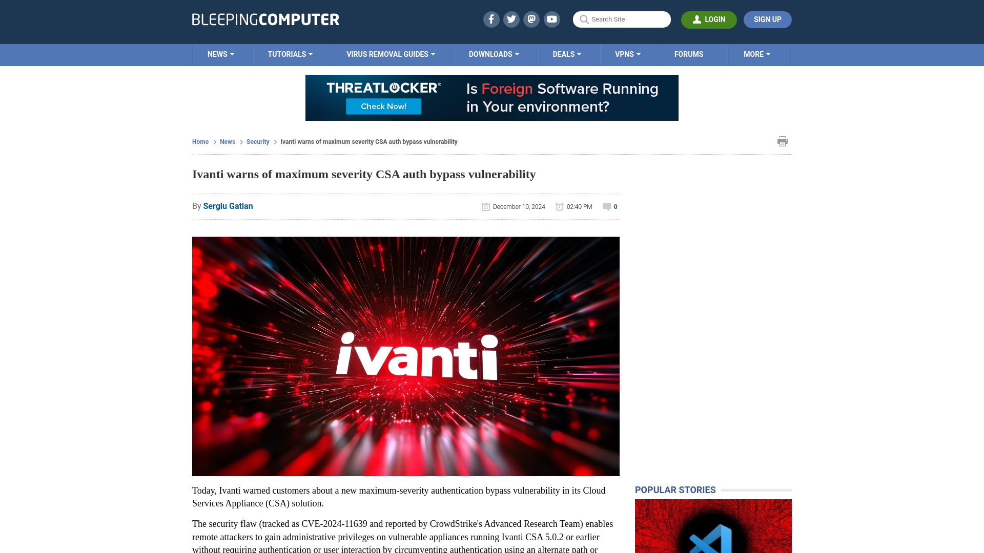 Ivanti warns of maximum severity CSA auth bypass vulnerability