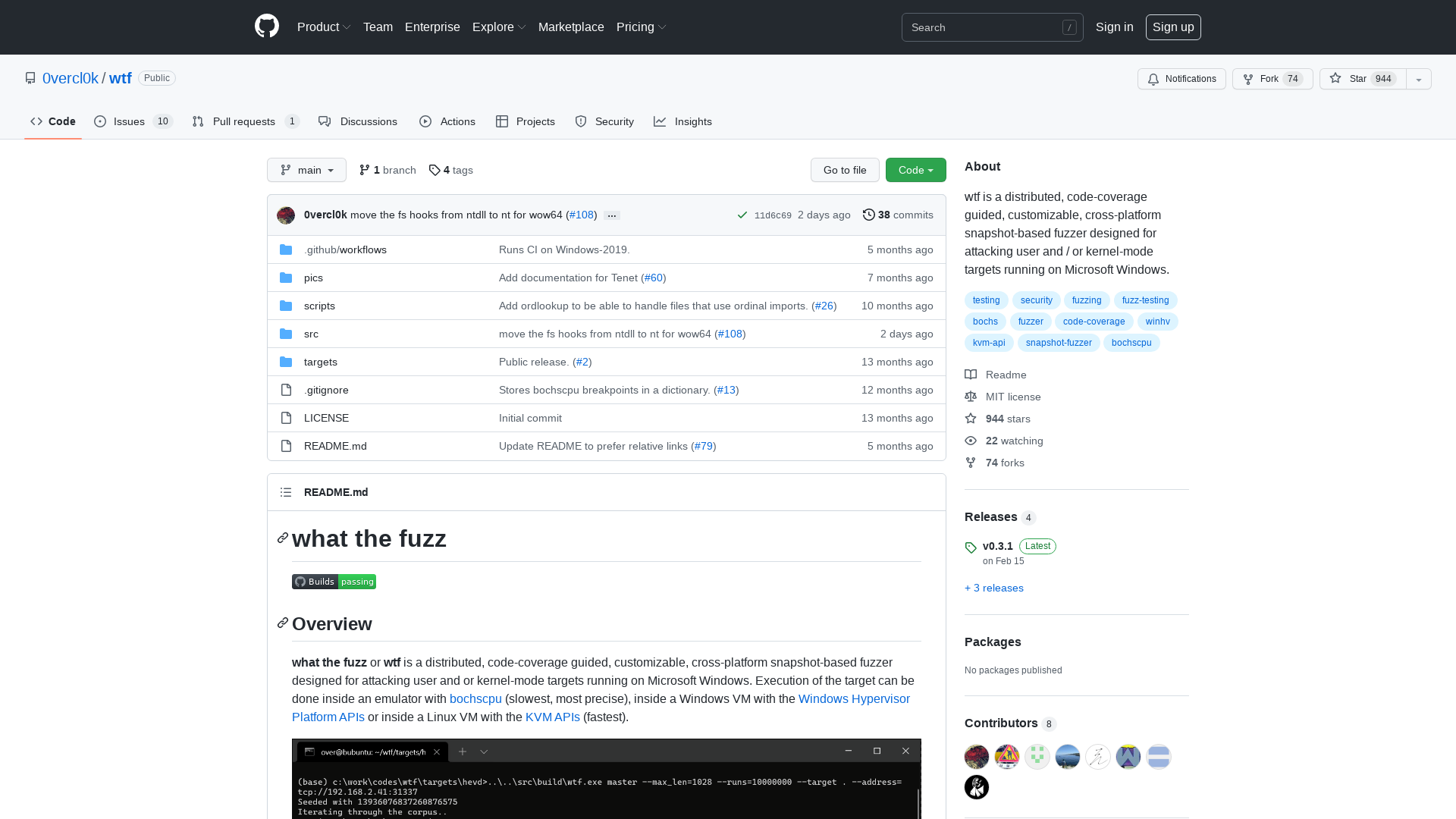 GitHub - 0vercl0k/wtf: wtf is a distributed, code-coverage guided, customizable, cross-platform snapshot-based fuzzer designed for attacking user and / or kernel-mode targets running on Microsoft Windows.