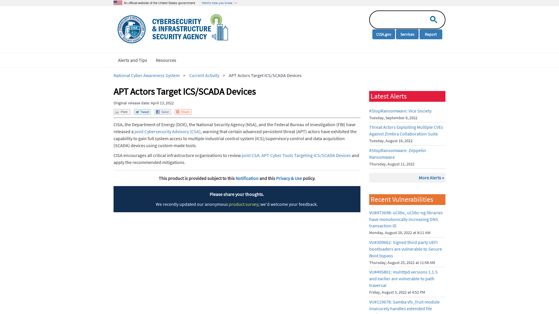 APT Actors Target ICS/SCADA Devices | CISA
