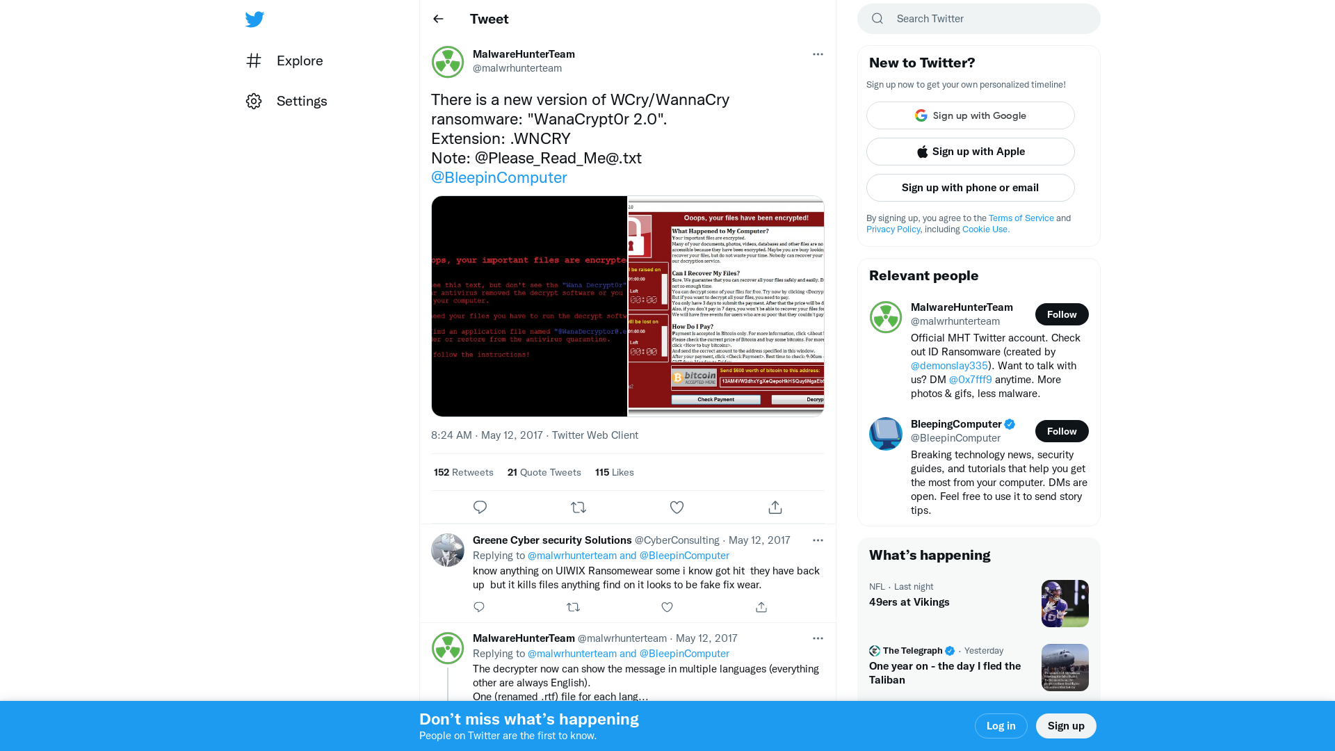 MalwareHunterTeam on Twitter: "There is a new version of WCry/WannaCry ransomware: "WanaCrypt0r 2.0". Extension: .WNCRY Note: @Please_Read_Me@.txt @BleepinComputer https://t.co/tdq0OBScz4" / Twitter