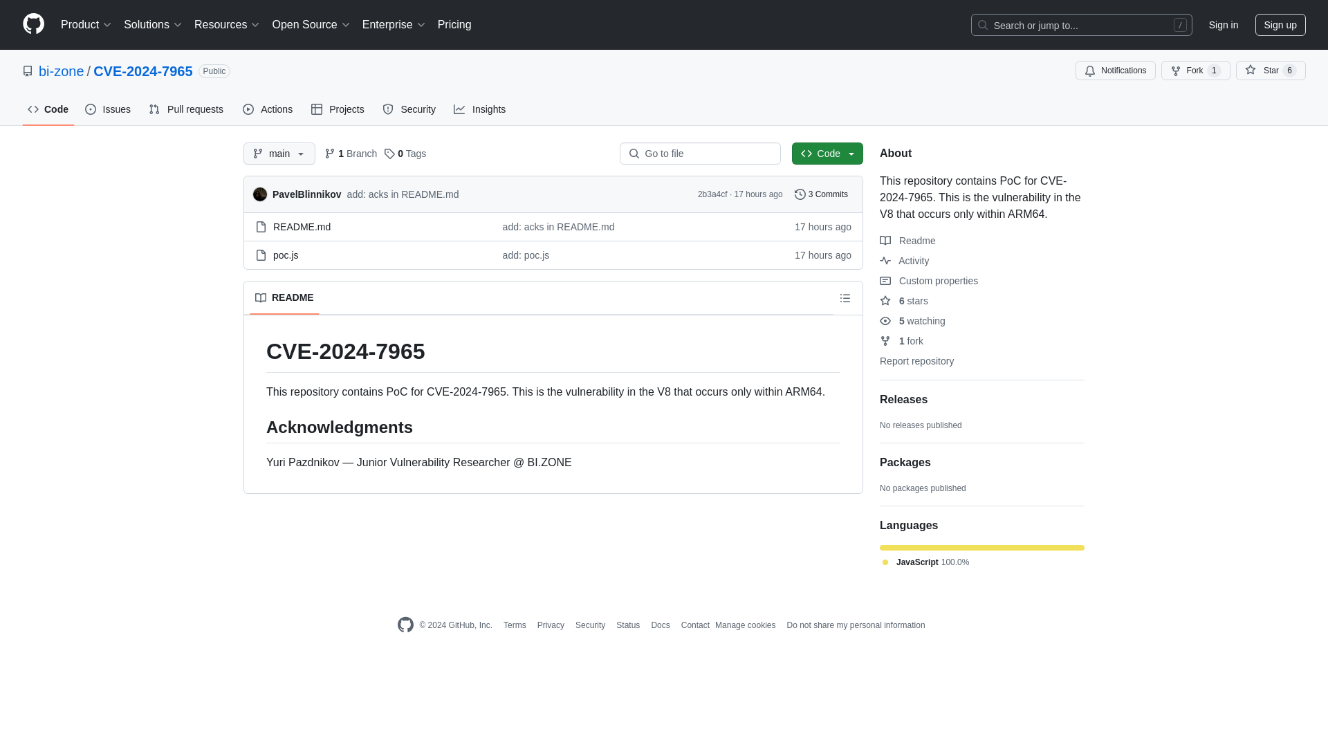 GitHub - bi-zone/CVE-2024-7965: This repository contains PoC for CVE-2024-7965. This is the vulnerability in the V8 that occurs only within ARM64.