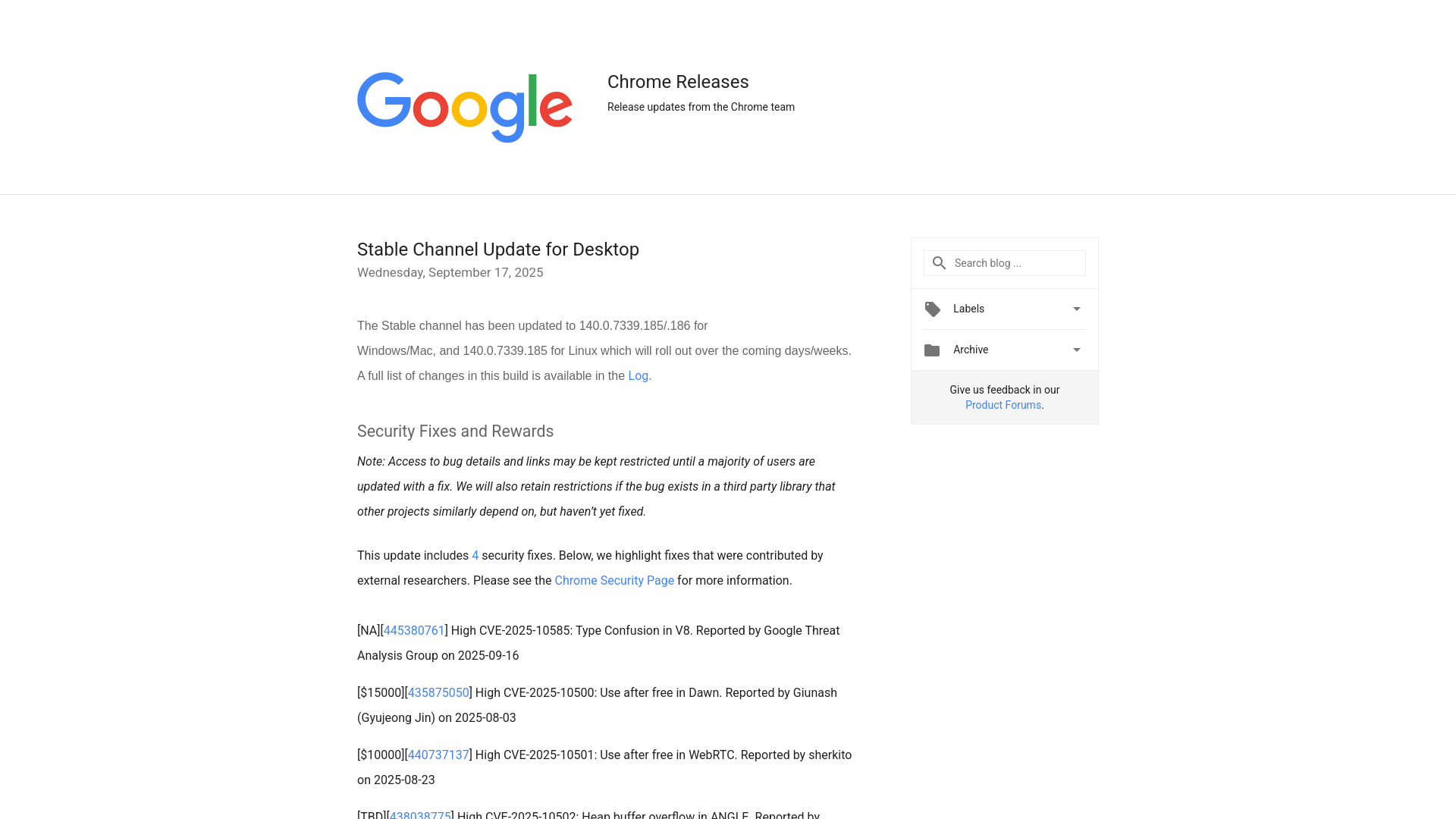 Chrome Releases: Stable Channel Update for Desktop