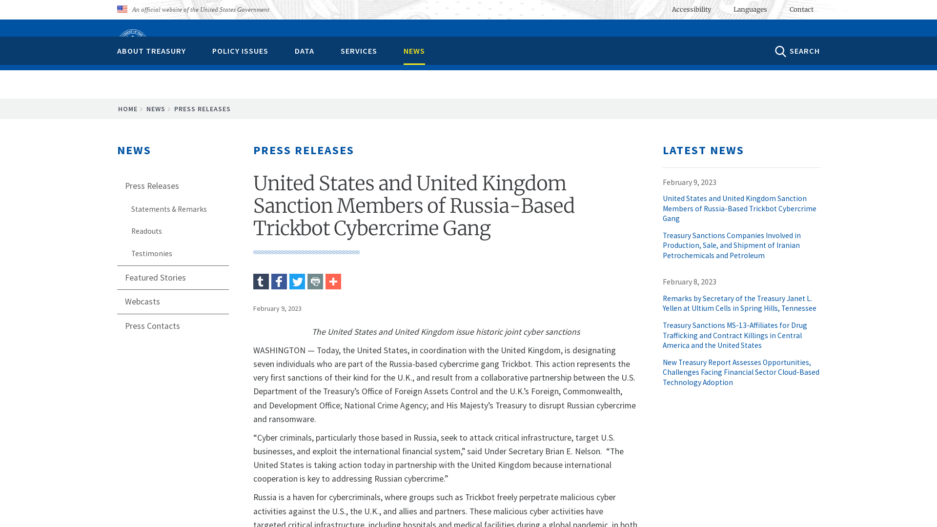 United States and United Kingdom Sanction Members of Russia-Based Trickbot Cybercrime Gang | U.S. Department of the Treasury