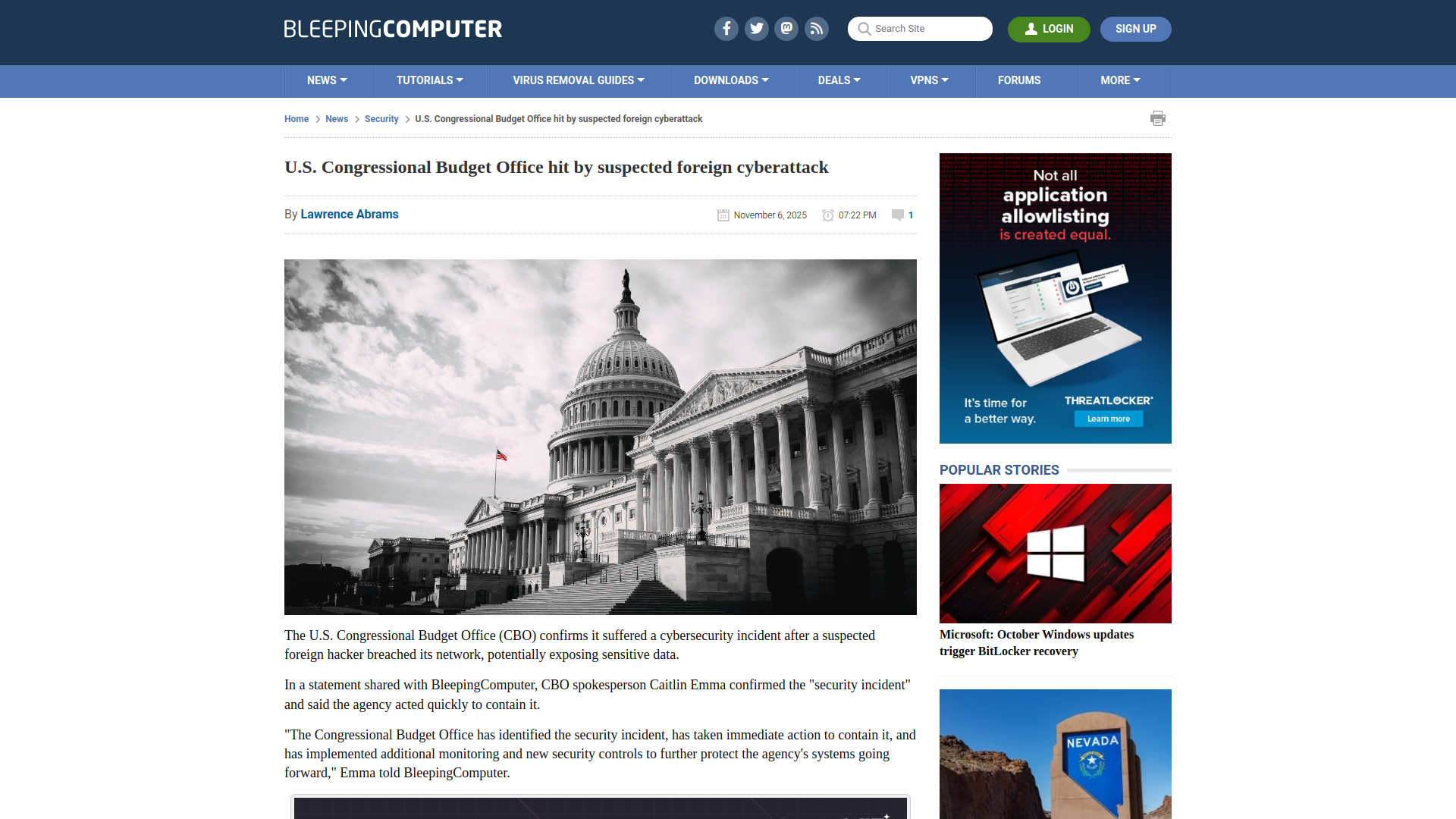 U.S. Congressional Budget Office hit by suspected foreign cyberattack