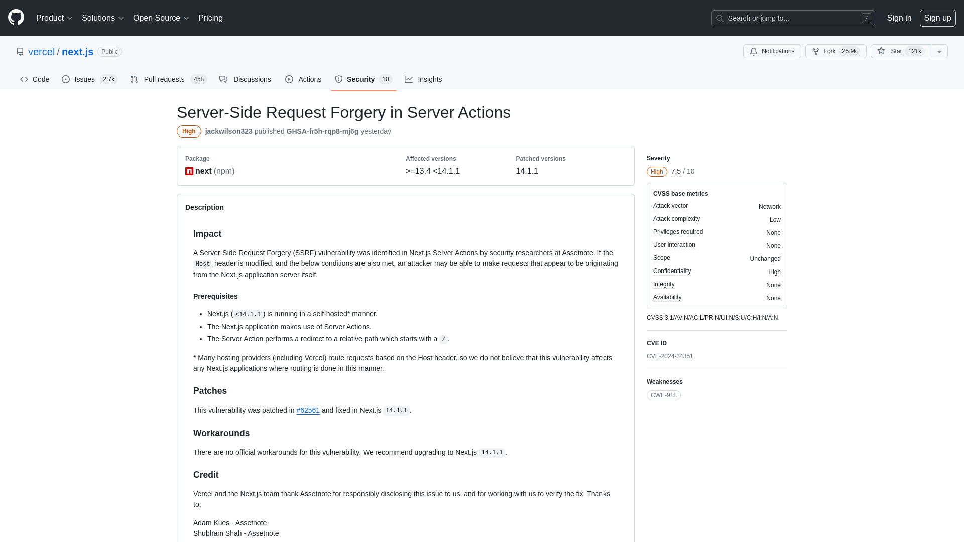 Server-Side Request Forgery in Server Actions · Advisory · vercel/next.js · GitHub