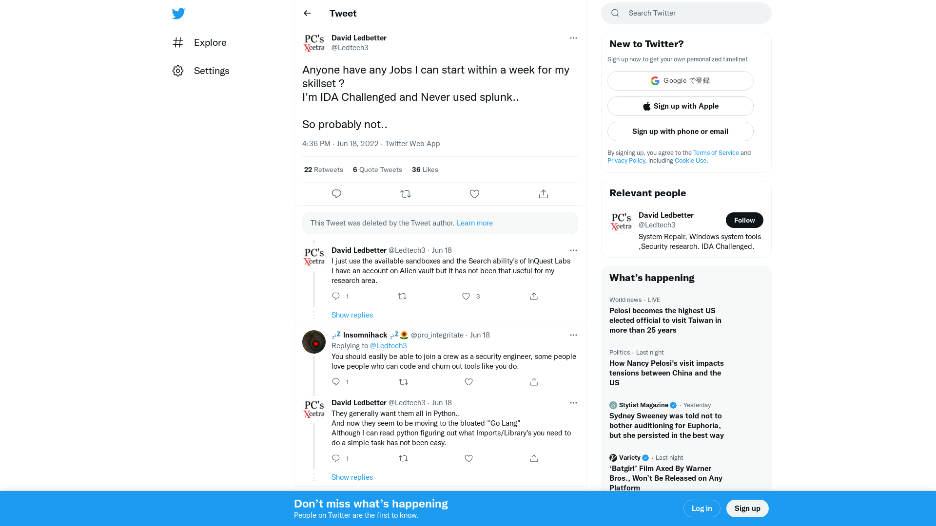 David Ledbetter on Twitter: "Anyone have any Jobs I can start within a week for my skillset ? I'm IDA Challenged and Never used splunk.. So probably not.." / Twitter