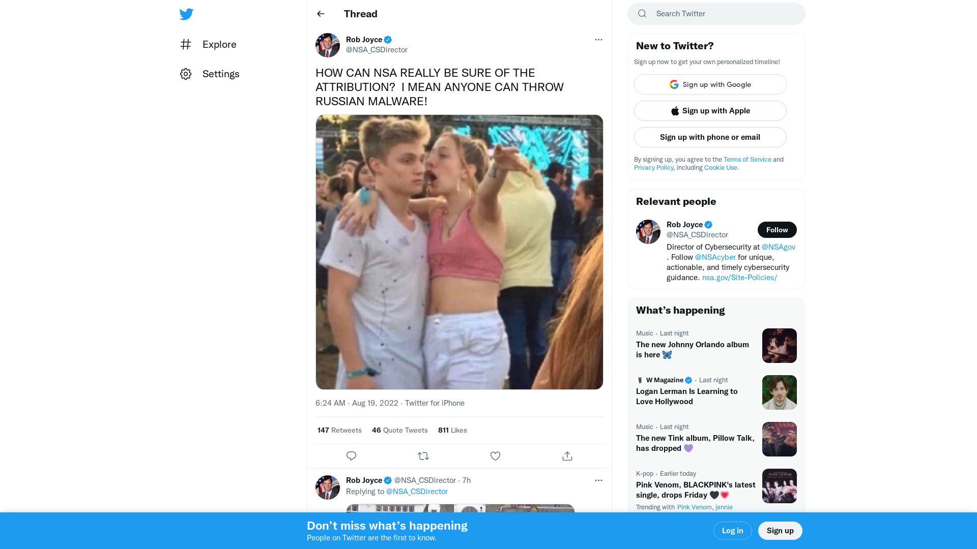 Rob Joyce on Twitter: "HOW CAN NSA REALLY BE SURE OF THE ATTRIBUTION? I MEAN ANYONE CAN THROW RUSSIAN MALWARE! https://t.co/Nv8ASBdbD8" / Twitter