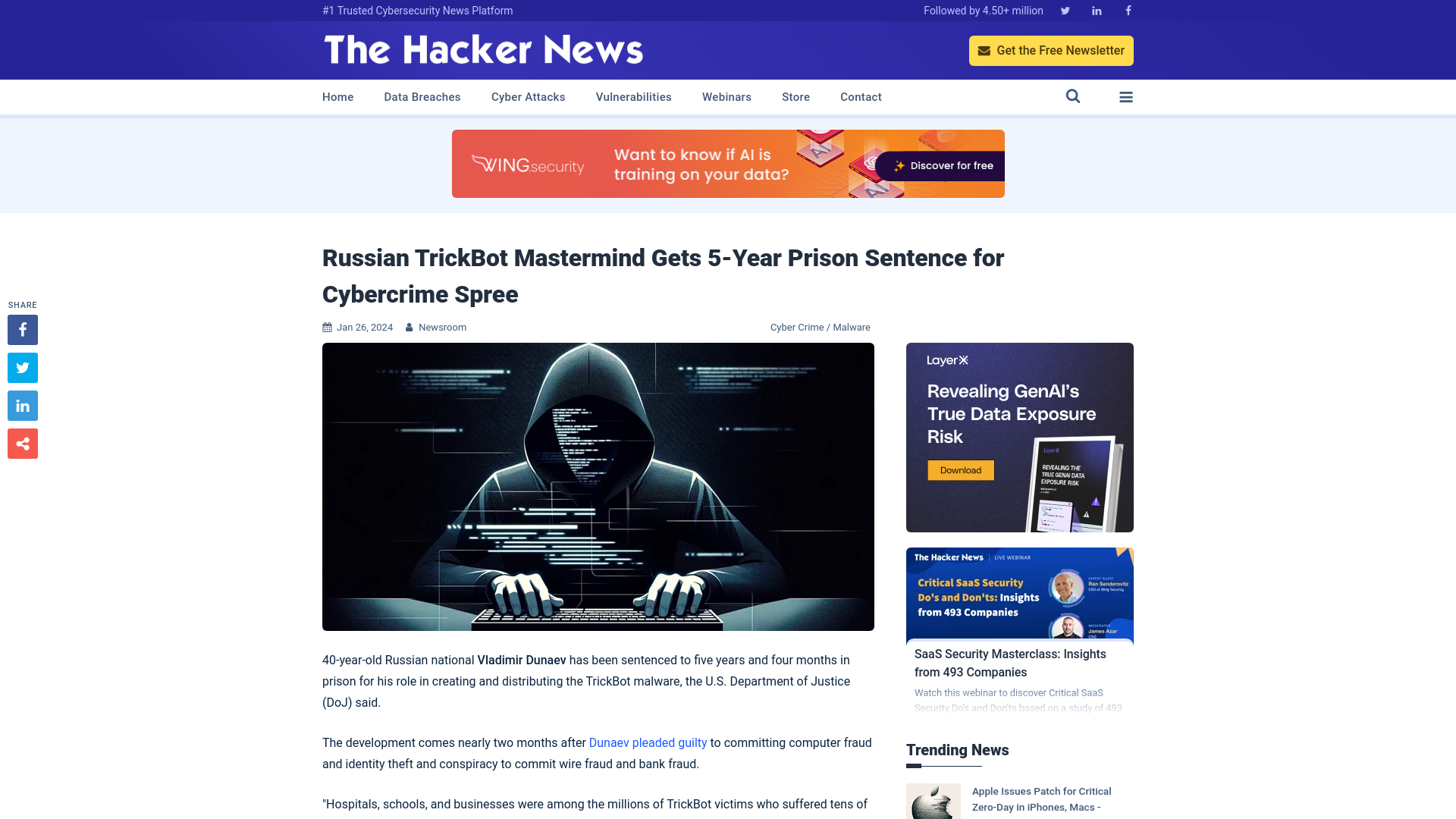 Russian TrickBot Mastermind Gets 5-Year Prison Sentence for Cybercrime Spree