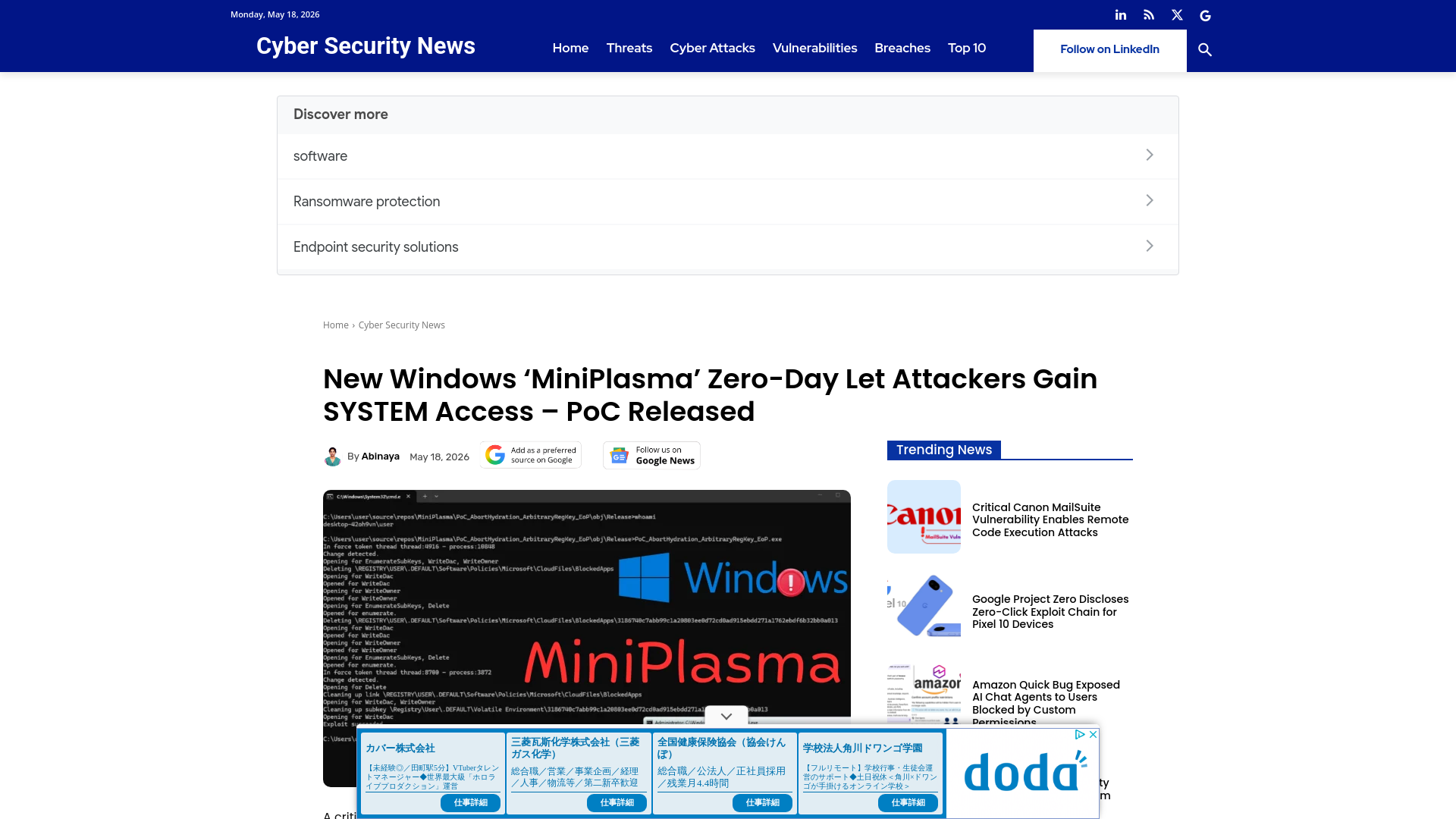 New Windows 'MiniPlasma' Zero-Day Let Attackers Gain SYSTEM Access - PoC Released