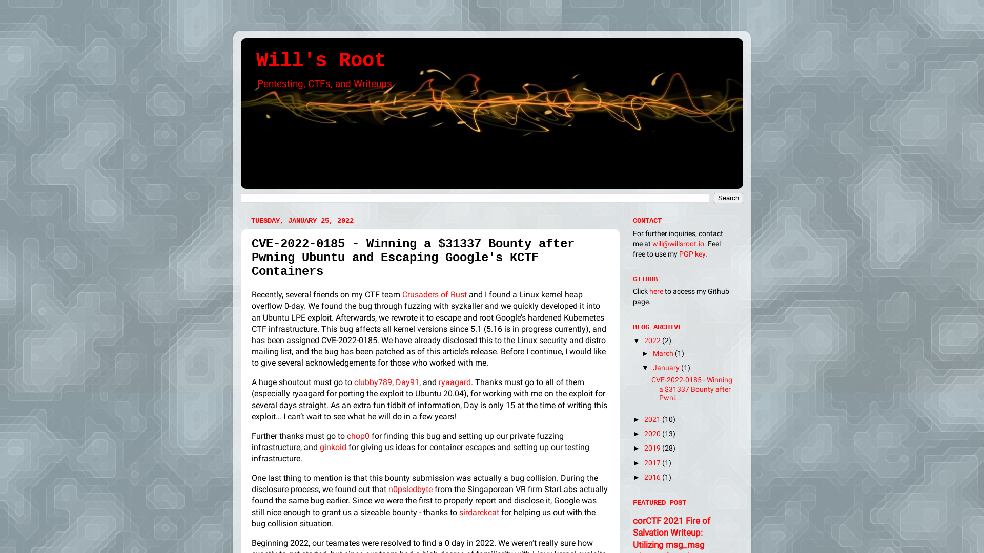 Will's Root: CVE-2022-0185 - Winning a $31337 Bounty after Pwning Ubuntu and Escaping Google's KCTF Containers