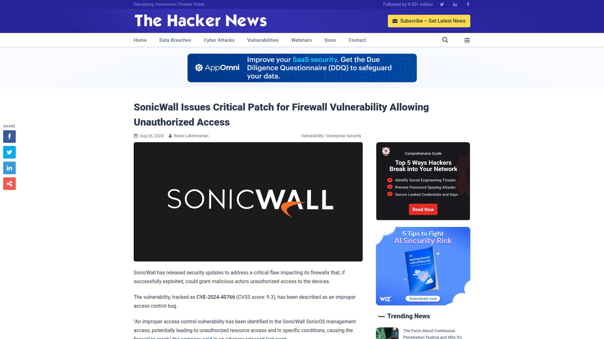 SonicWall Issues Critical Patch for Firewall Vulnerability Allowing Unauthorized Access