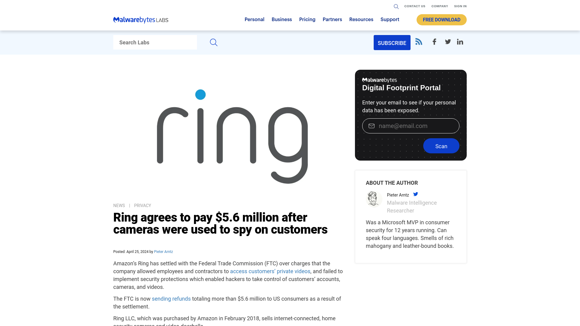 Ring agrees to pay $5.6 million after cameras were used to spy on customers | Malwarebytes