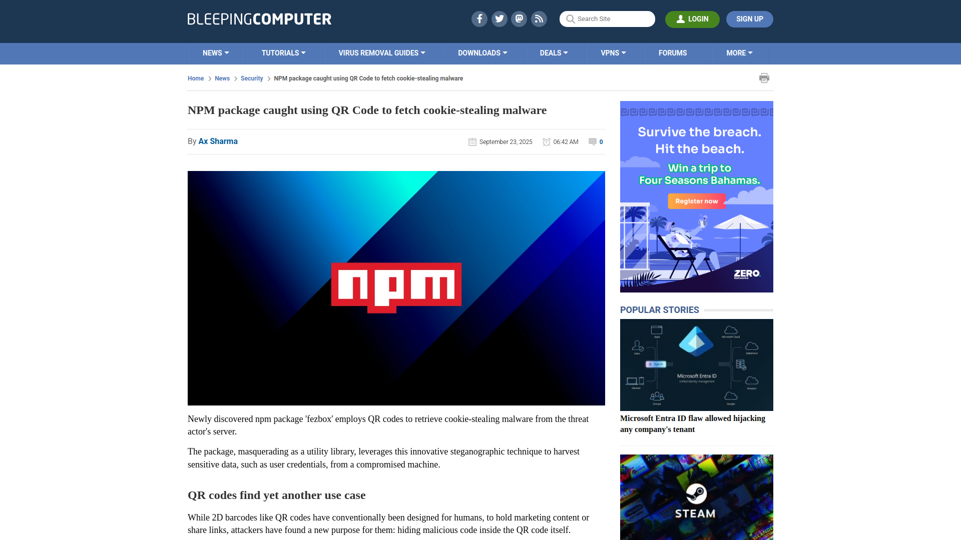 NPM package caught using QR Code to fetch cookie-stealing malware