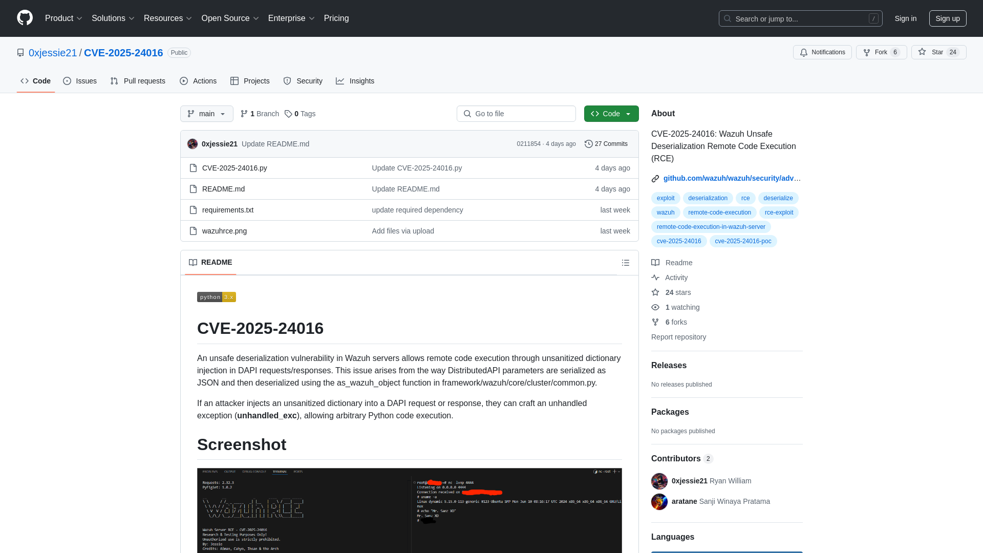 GitHub - 0xjessie21/CVE-2025-24016: CVE-2025-24016: Wazuh Unsafe Deserialization Remote Code Execution (RCE)