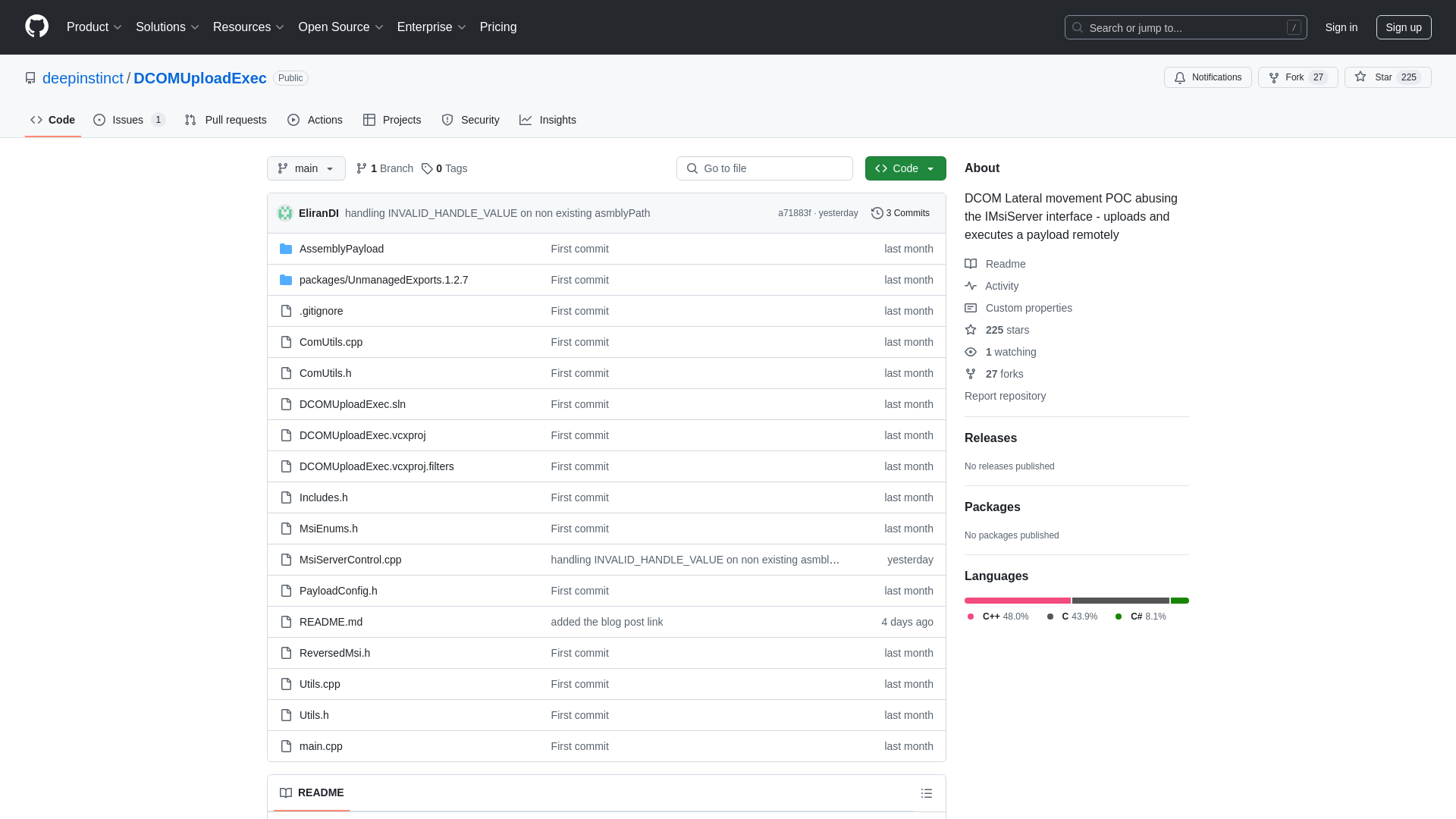 GitHub - deepinstinct/DCOMUploadExec: DCOM Lateral movement POC abusing the IMsiServer interface - uploads and executes a payload remotely