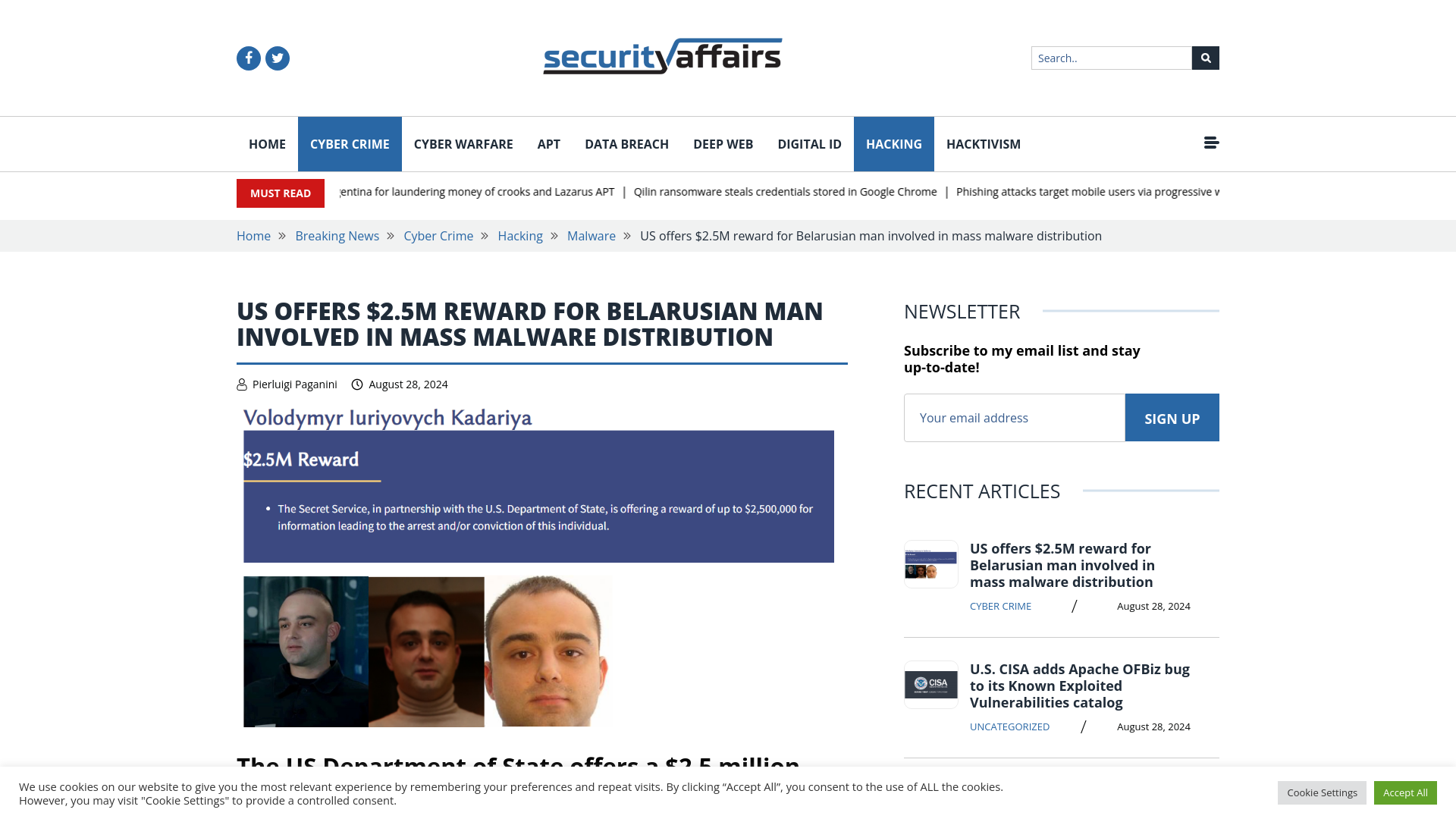 US offers $2.5M reward for Belarusian man involved in mass malware distribution