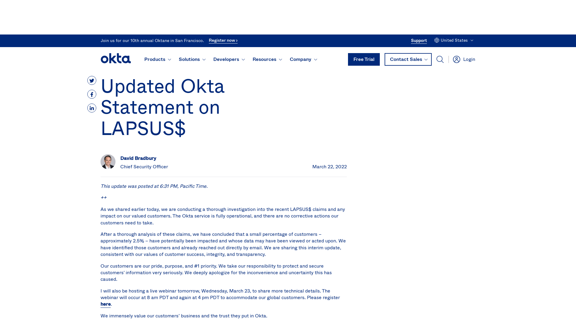 Updated Okta Statement on LAPSUS$ | Okta