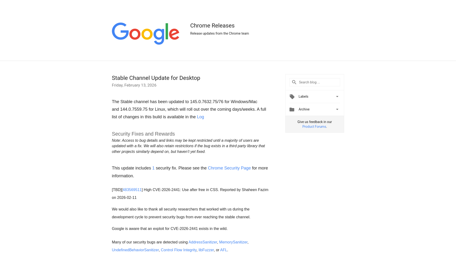 Chrome Releases: Stable Channel Update for Desktop