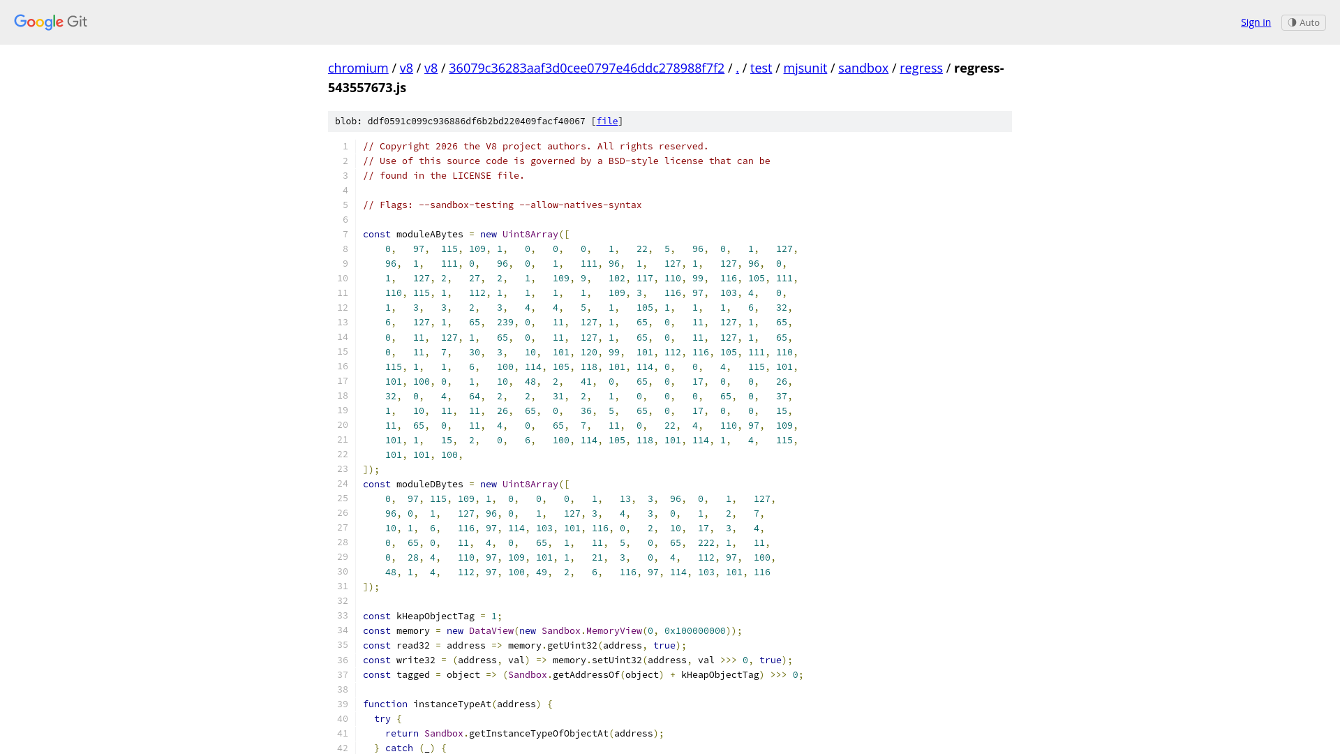 test/mjsunit/sandbox/regress/regress-543557673.js - v8/v8 - Git at Google