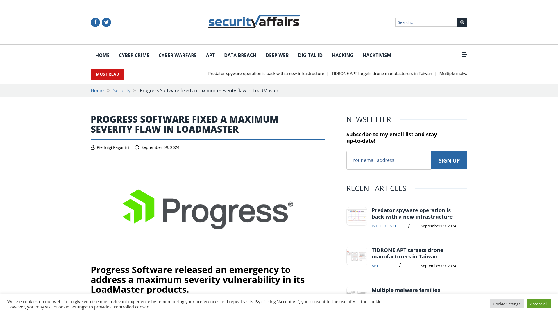 Progress Software fixed a maximum severity flaw in LoadMaster