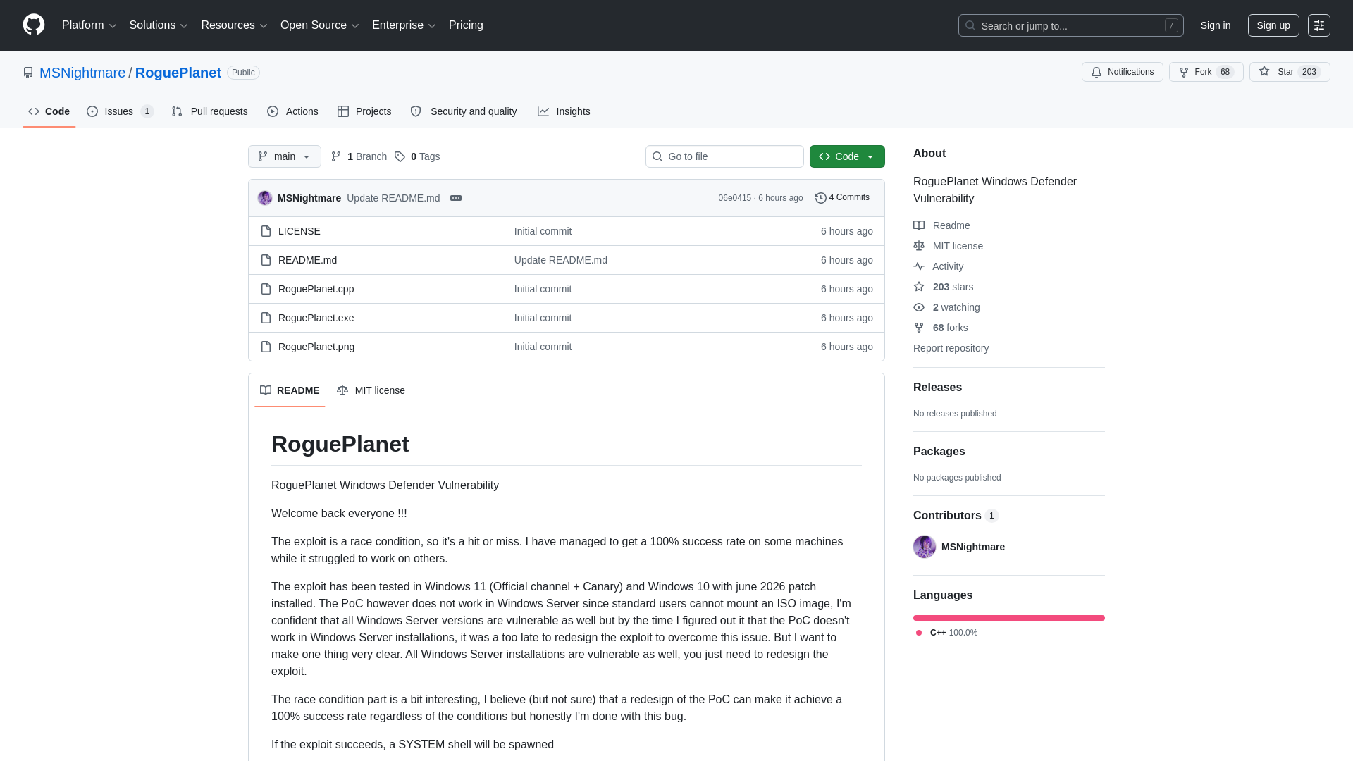 GitHub - MSNightmare/RoguePlanet: RoguePlanet Windows Defender Vulnerability · GitHub