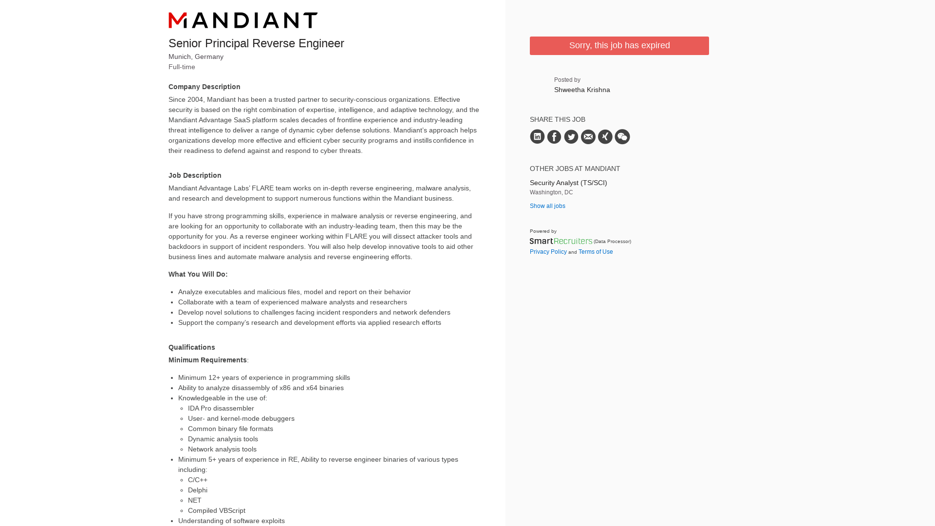 Mandiant Senior Principal Reverse Engineer | SmartRecruiters