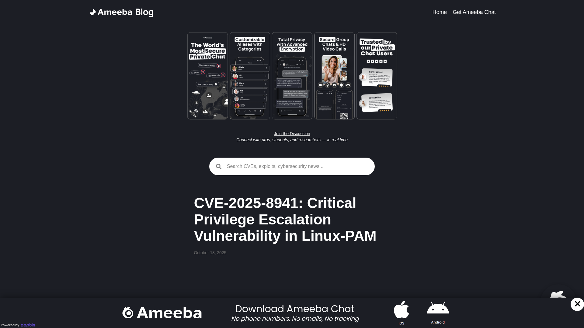 CVE-2025-8941: Critical Privilege Escalation Vulnerability in Linux-PAM - Cybersecurity Exploit Tracker by Ameeba