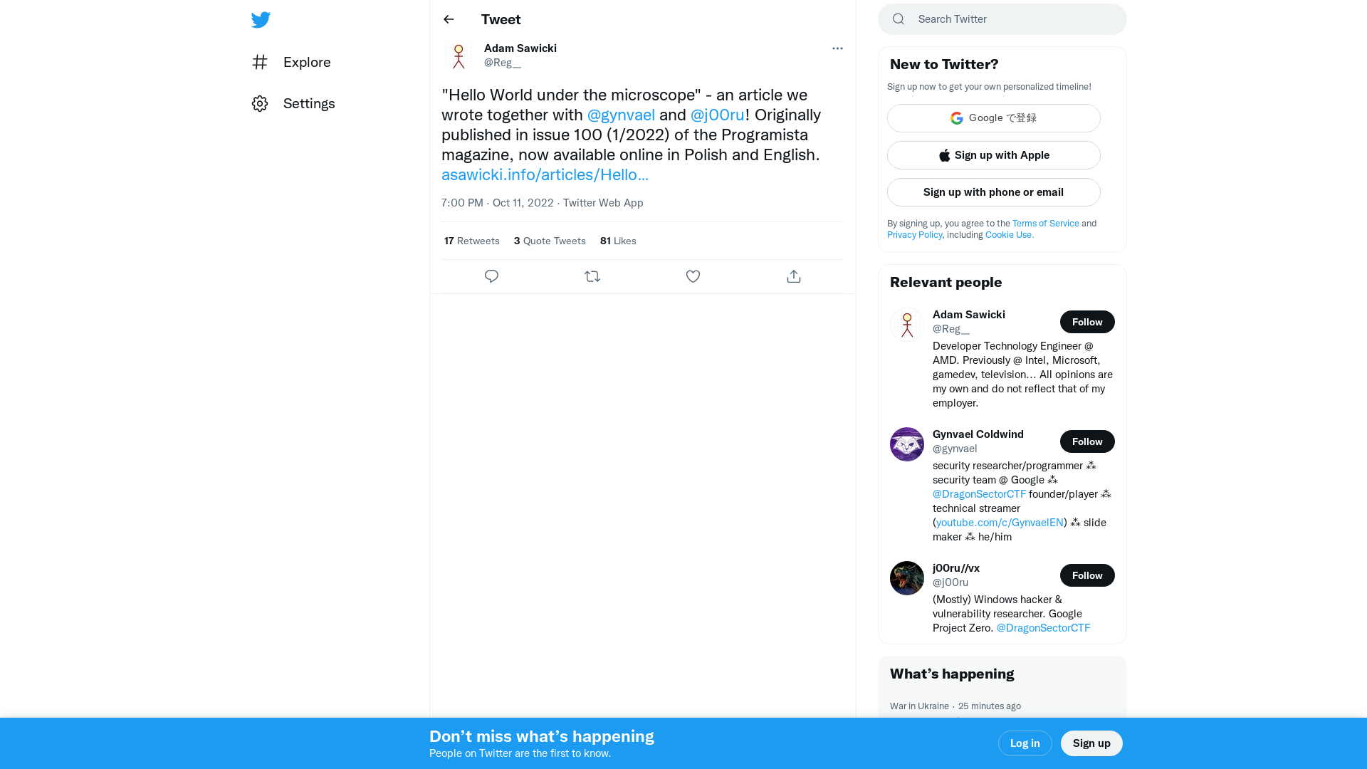 Adam Sawicki on Twitter: ""Hello World under the microscope" - an article we wrote together with @gynvael and @j00ru! Originally published in issue 100 (1/2022) of the Programista magazine, now available online in Polish and English. https://t.co/qGCe36Wigu" / Twitter