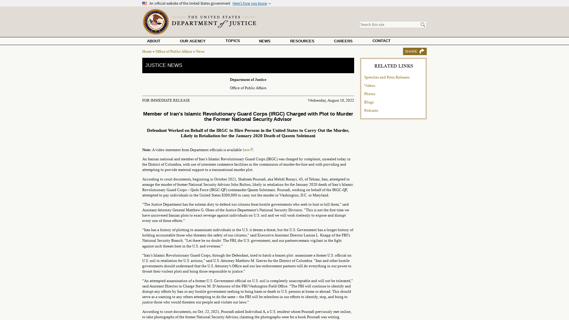Member of Iran's Islamic Revolutionary Guard Corps (IRGC) Charged with Plot to Murder the Former National Security Advisor | OPA | Department of Justice