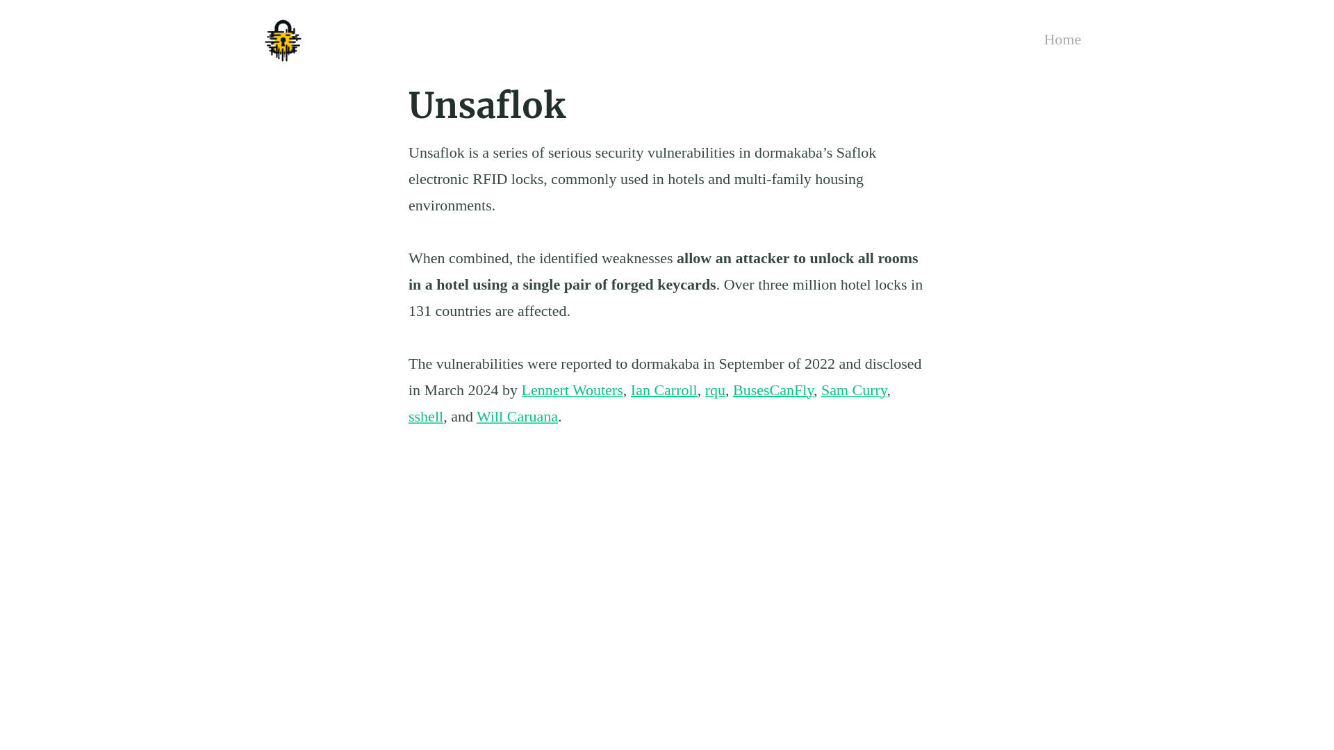 Unsaflok | Unsaflok is a series of serious security vulnerabilities in the Saflok brand of hotel locks.