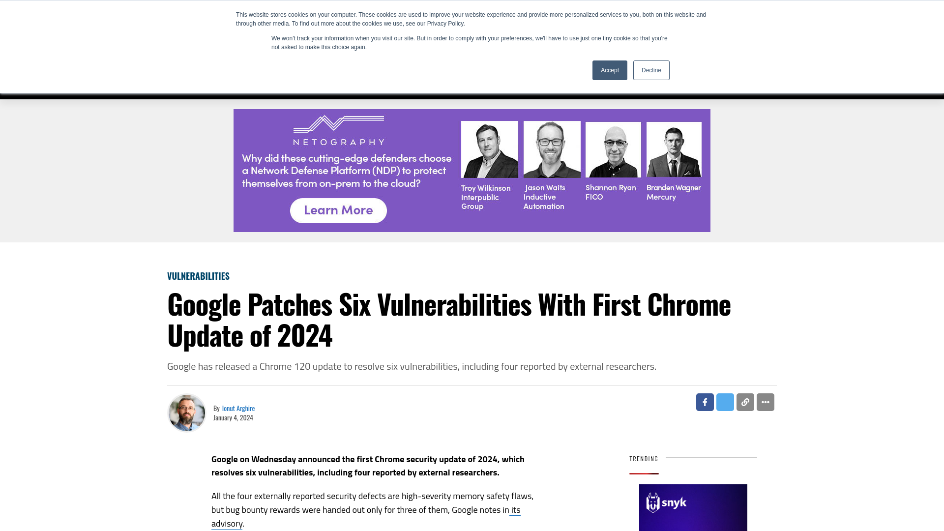 Google Patches Six Vulnerabilities With First Chrome Update of 2024 - SecurityWeek