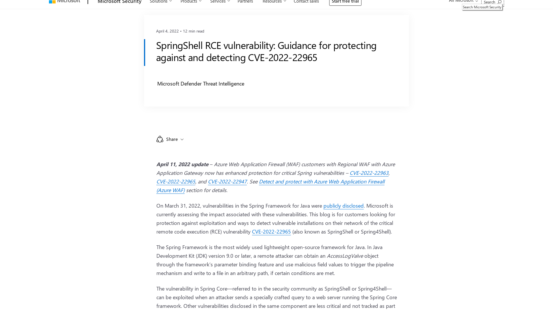 SpringShell RCE vulnerability: Guidance for protecting against and detecting CVE-2022-22965 - Microsoft Security Blog