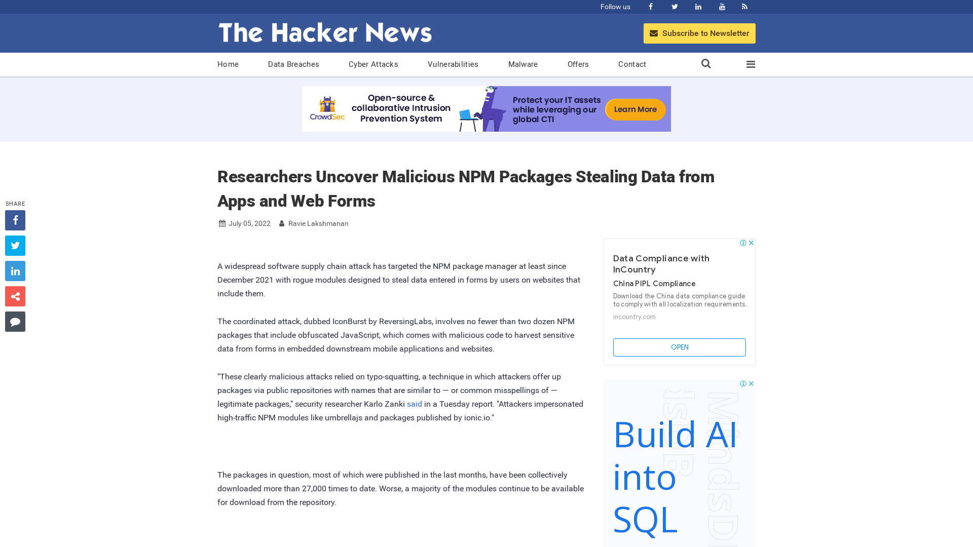 Researchers Uncover Malicious NPM Packages Stealing Data from Apps and Web Forms