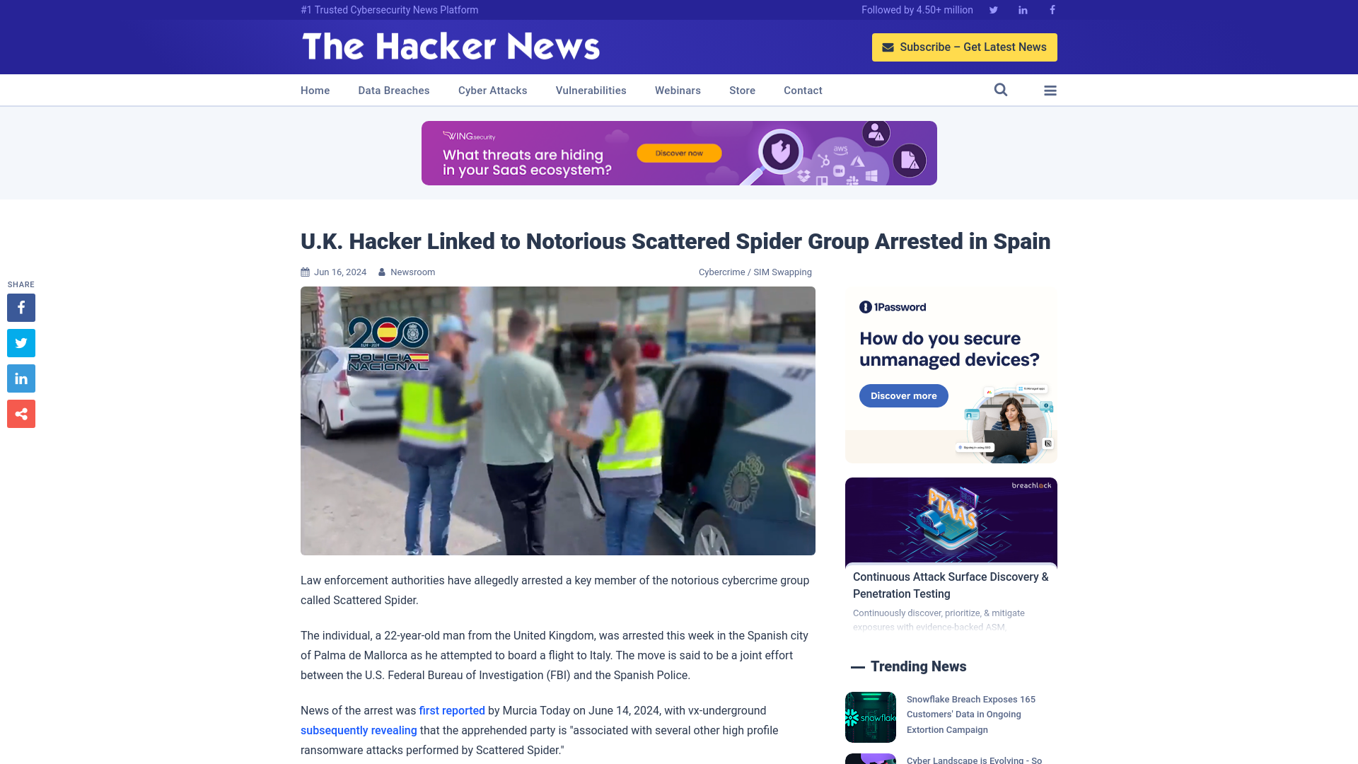 U.K. Hacker Linked to Notorious Scattered Spider Group Arrested in Spain