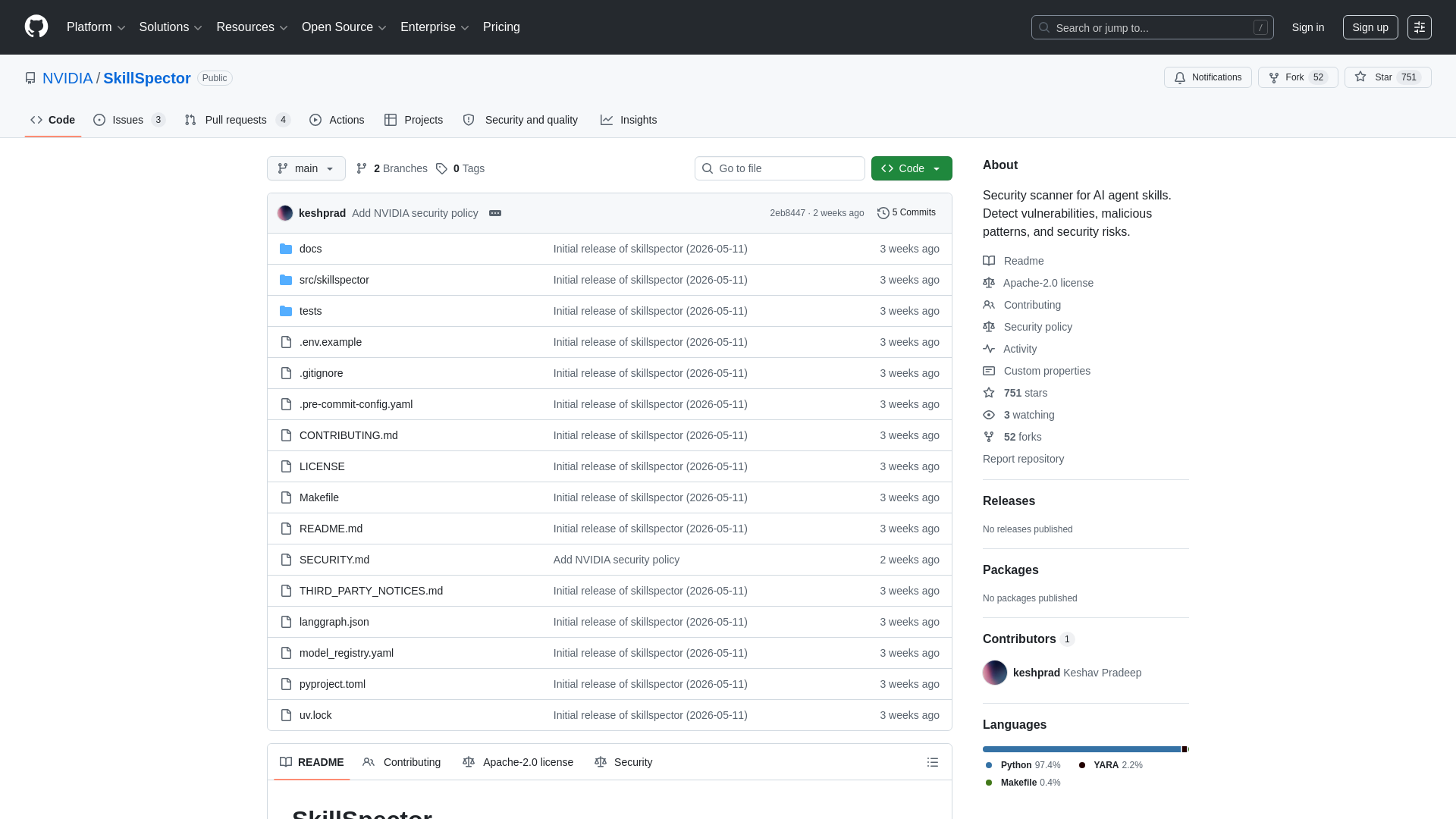 GitHub - NVIDIA/SkillSpector: Security scanner for AI agent skills. Detect vulnerabilities, malicious patterns, and security risks. · GitHub