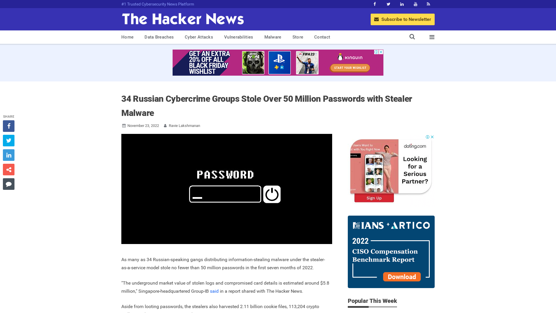 34 Russian Cybercrime Groups Stole Over 50 Million Passwords with Stealer Malware