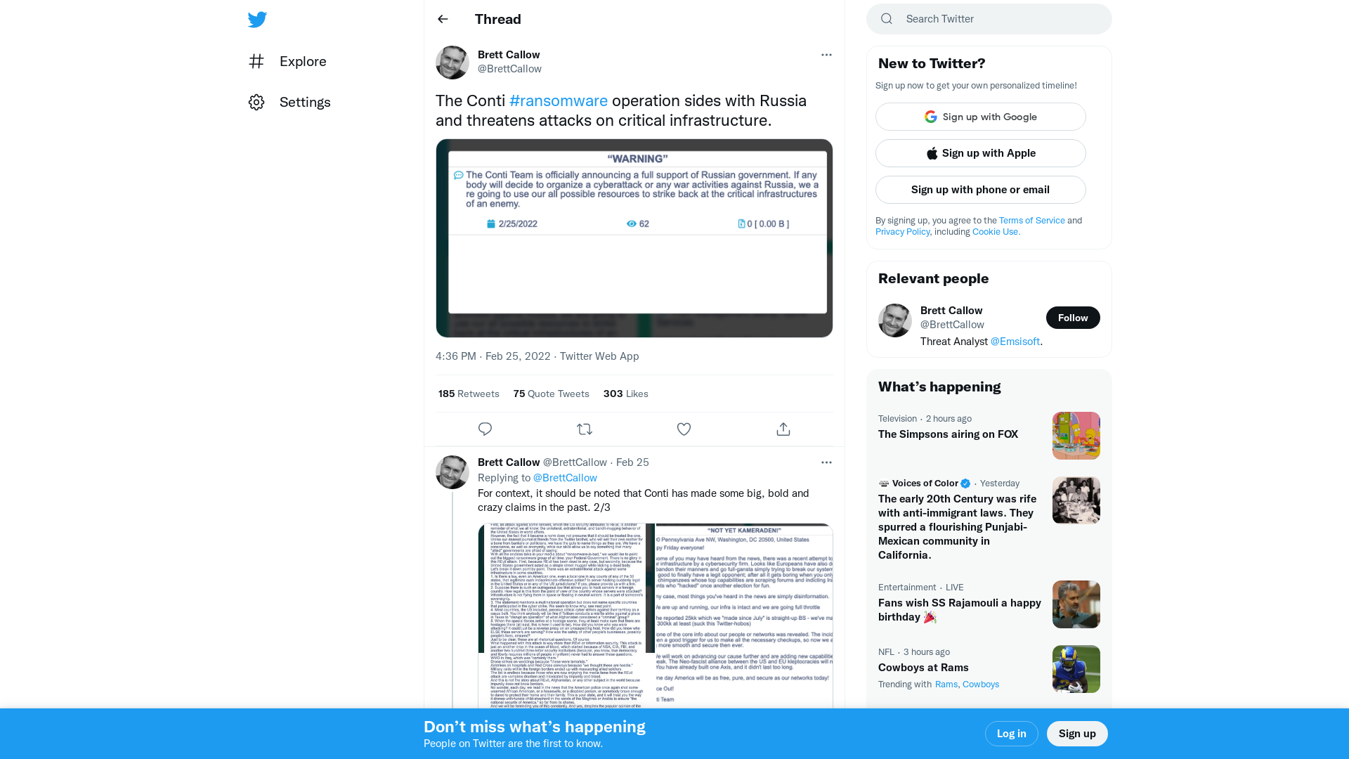 Brett Callow on Twitter: "The Conti #ransomware operation sides with Russia and threatens attacks on critical infrastructure. https://t.co/L8E7lEW1MJ" / Twitter