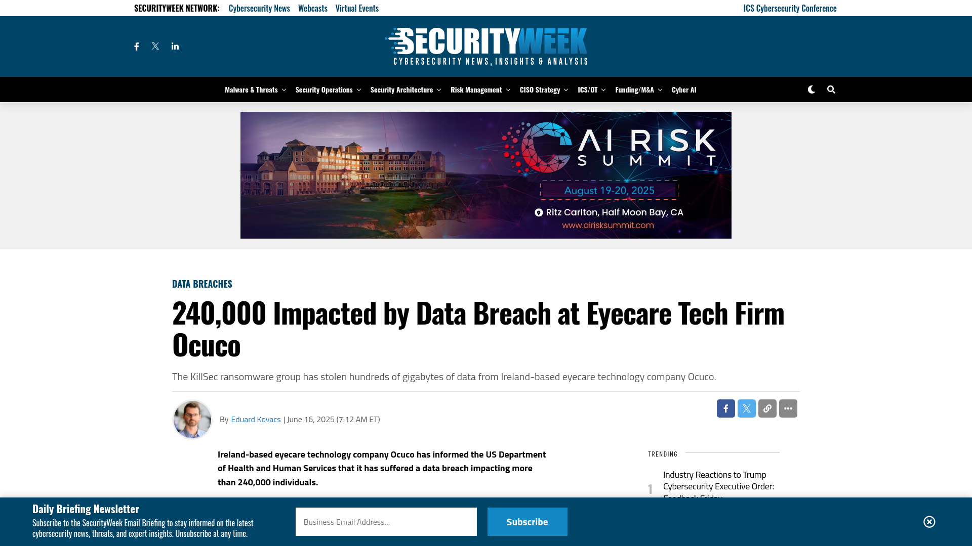 240,000 Impacted by Data Breach at Eyecare Tech Firm Ocuco - SecurityWeek