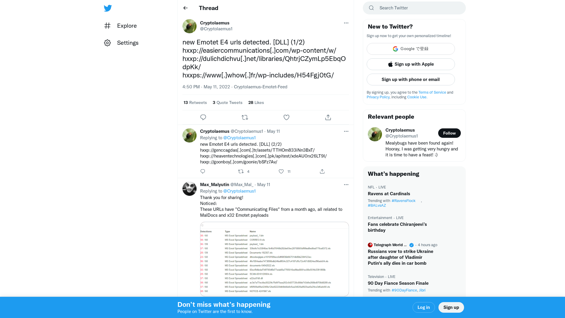 Cryptolaemus on Twitter: "new Emotet E4 urls detected. [DLL] (1/2) hxxp://easiercommunications[.]com/wp-content/w/ hxxp://dulichdichvu[.]net/libraries/QhtrjCZymLp5EbqOdpKk/ hxxps://www[.]whow[.]fr/wp-includes/H54Fgj0tG/" / Twitter