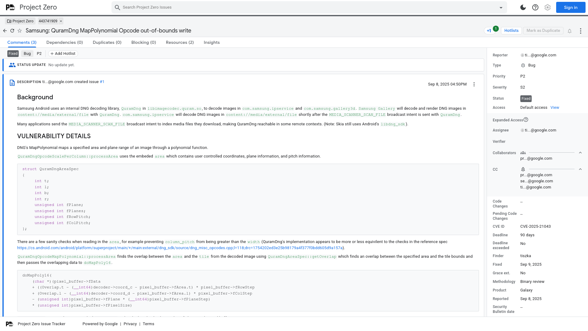 Samsung: QuramDng MapPolynomial Opcode out-of-bounds write [443741909] - Project Zero