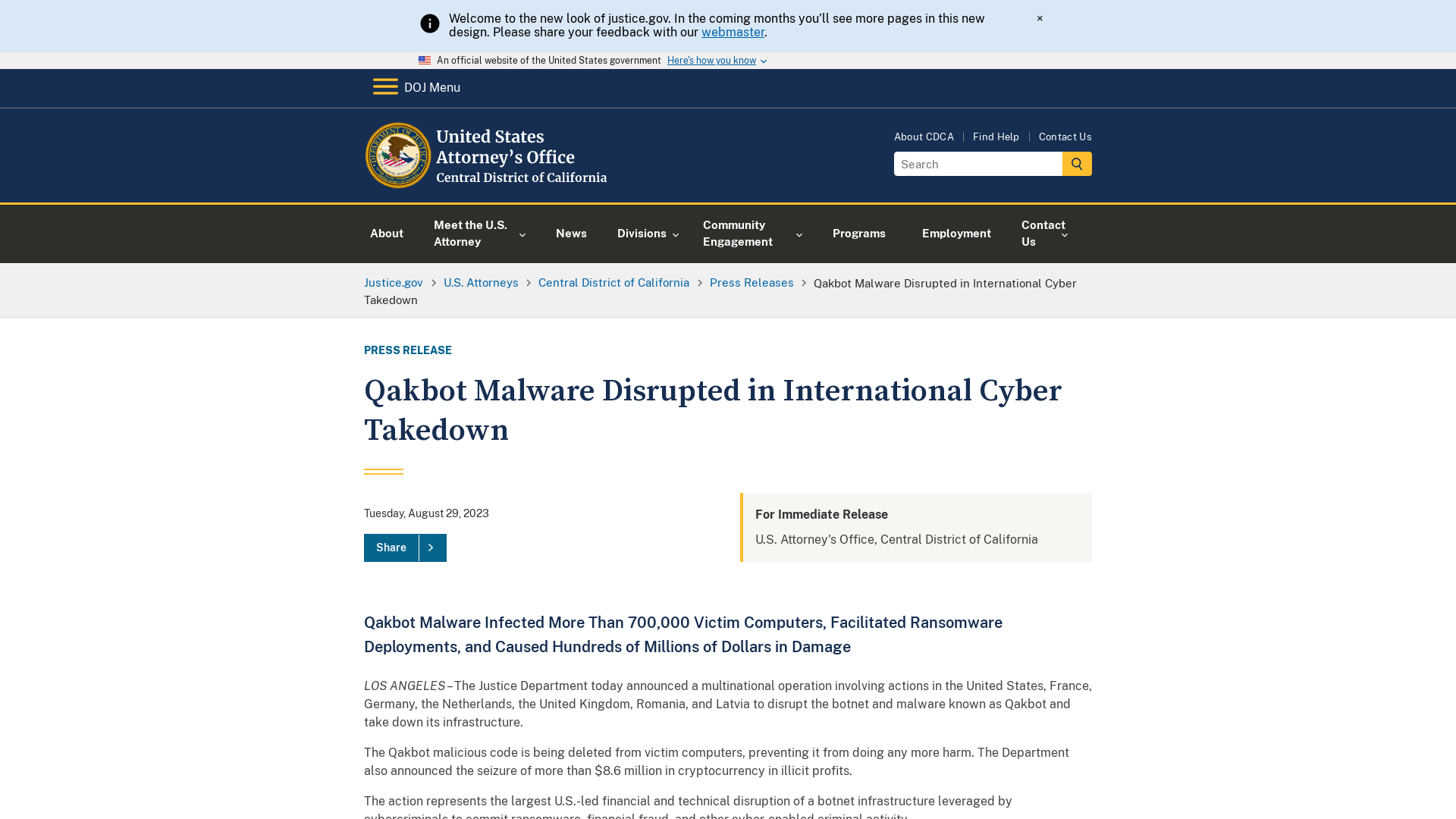 Central District of California | Qakbot Malware Disrupted in International Cyber Takedown | United States Department of Justice