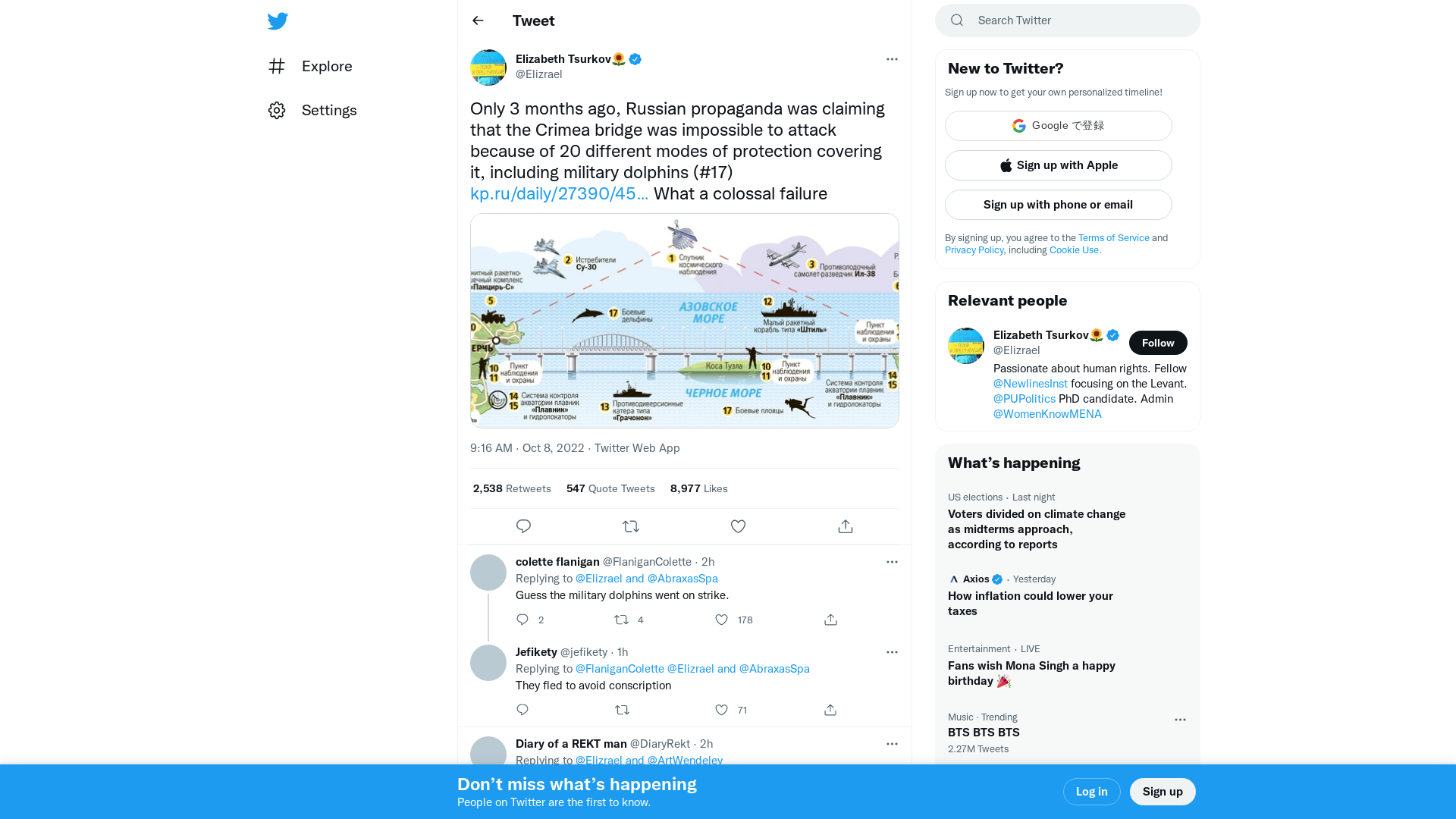 Elizabeth Tsurkov🌻 on Twitter: "Only 3 months ago, Russian propaganda was claiming that the Crimea bridge was impossible to attack because of 20 different modes of protection covering it, including military dolphins (#17) https://t.co/gJdON9o4Vl What a colossal failure https://t.co/70ZrQoKXYb" / Twitter